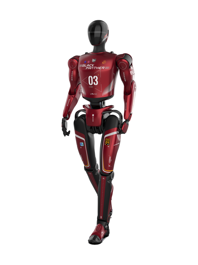 MirrorMe Bolt, red and black humanoid robot with a glossy black faceless head and the number 03 on its chest, walking towards the camera, seen from the front, manufacturer rendering