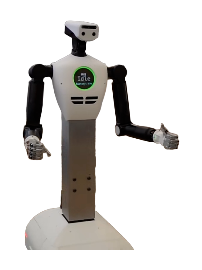 Mirsee Robotics MH3, white torso with a round display and a white sensor head on a grey column, two black arms with hands, standing on a white wheeled base, seen from the front, still frame from the manufacturer video