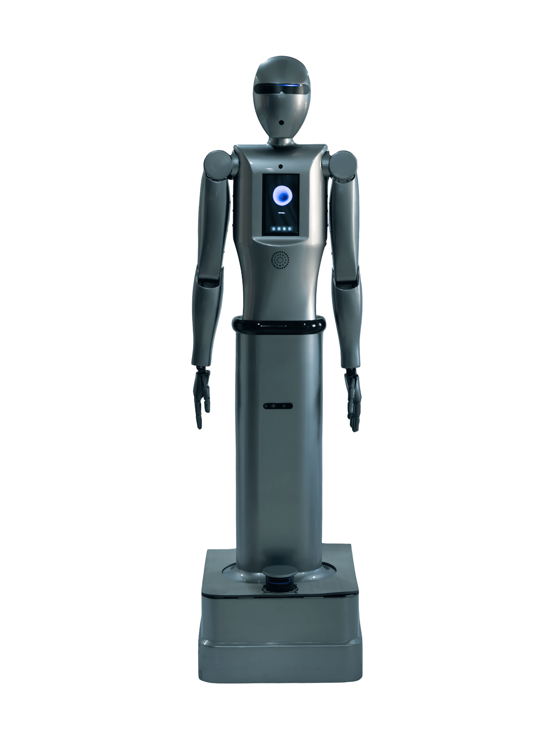 Muks Robotics Spaceo M1, dark grey humanoid with a visor head and a screen on the chest, arms at its sides, on a grey column and a square base, seen from the front, manufacturer image