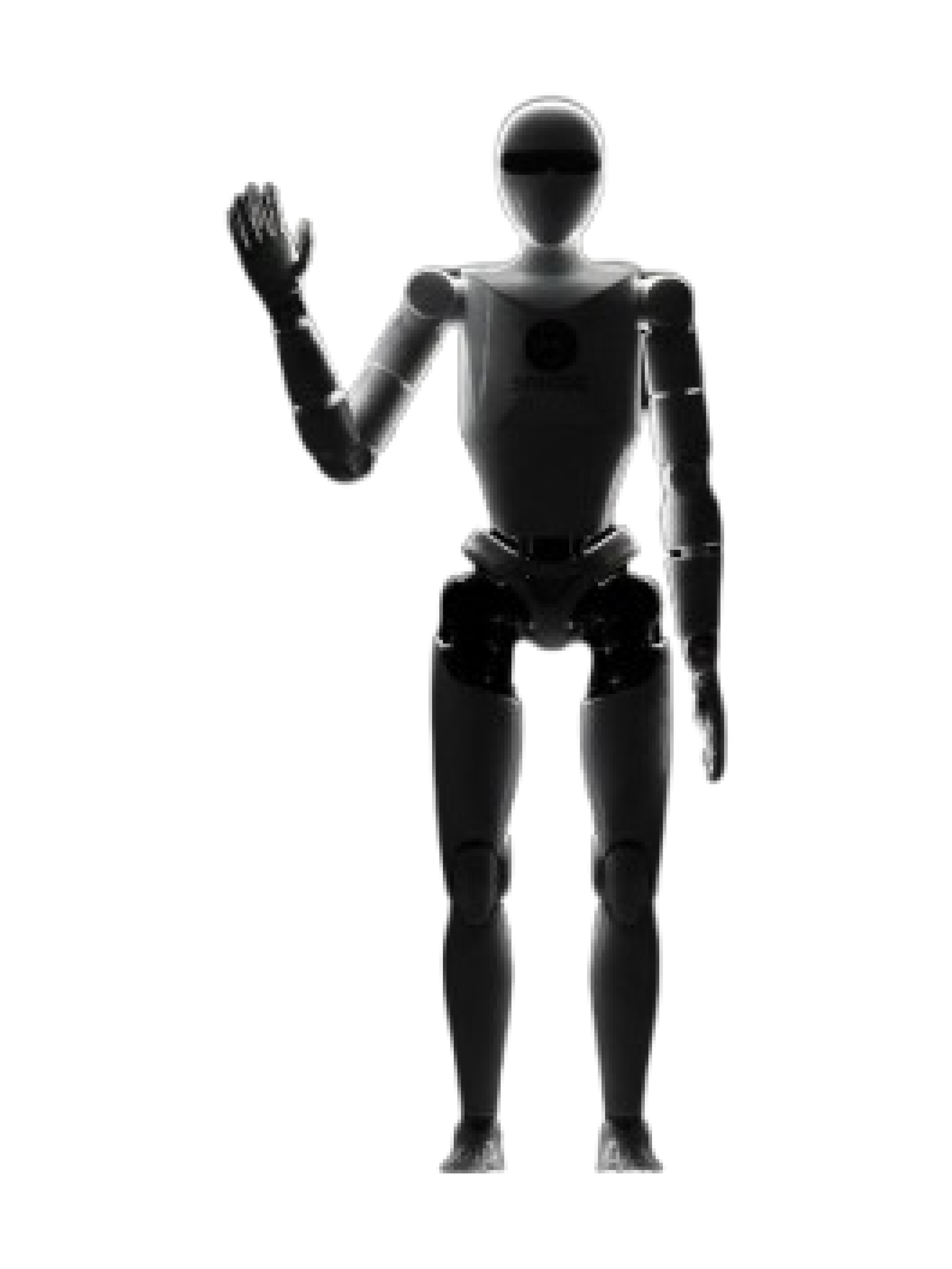 Muks Robotics Spaceo PRIME, dark grey bipedal humanoid with a visor head and one hand raised, standing, seen from the front, manufacturer rendering