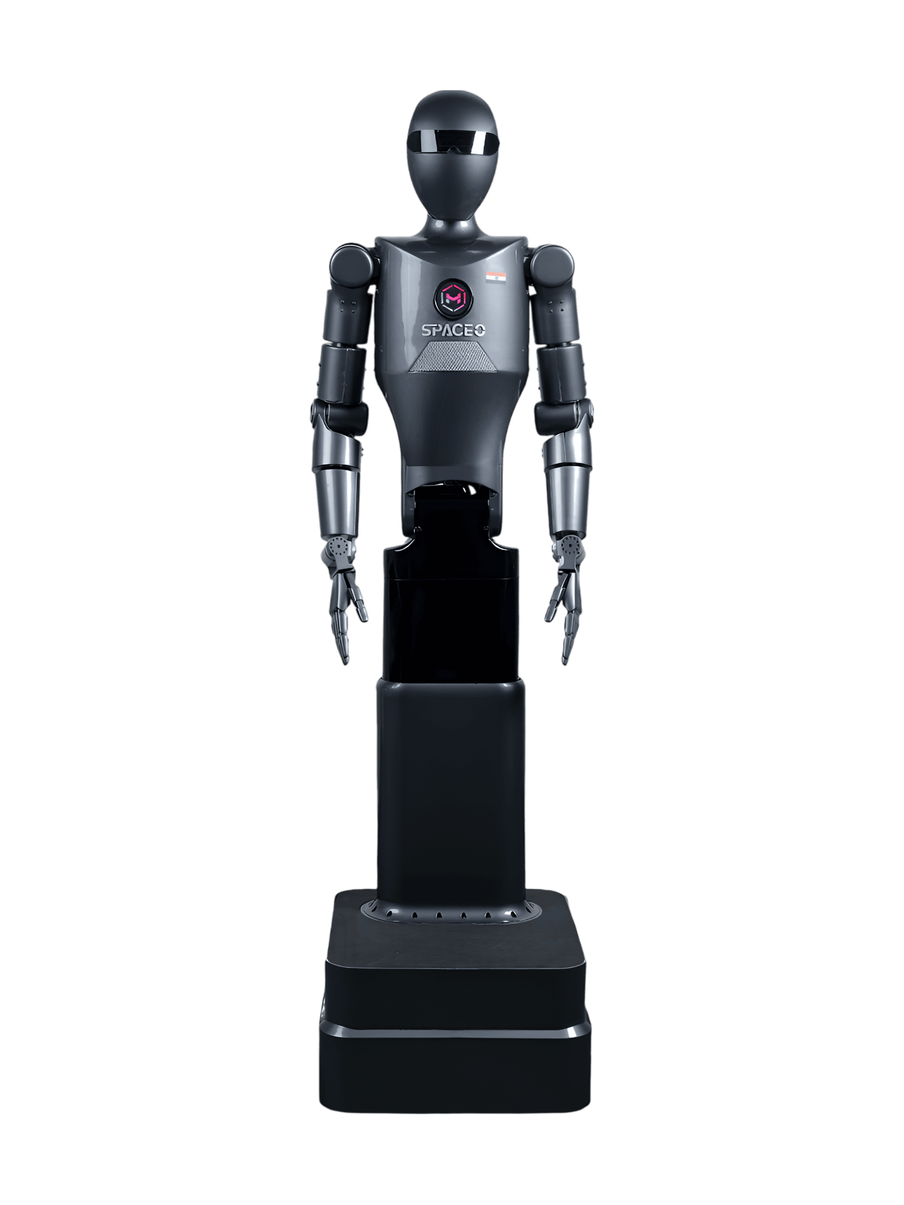 Muks Robotics Spaceo PRO, dark grey and black humanoid upper body with silver arms on a black column and a square black base, seen from the front, manufacturer image