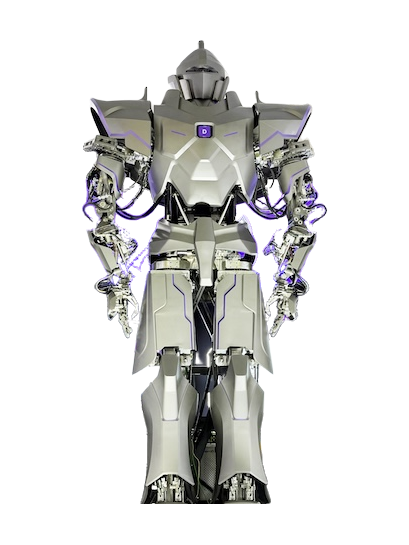 NeodraDynamics Neo1, silver-grey angular humanoid with a crested helmet-shaped head, broad shoulders with purple light strips, exposed hydraulic arms and hands and heavy legs, seen from the front, manufacturer exhibition photo