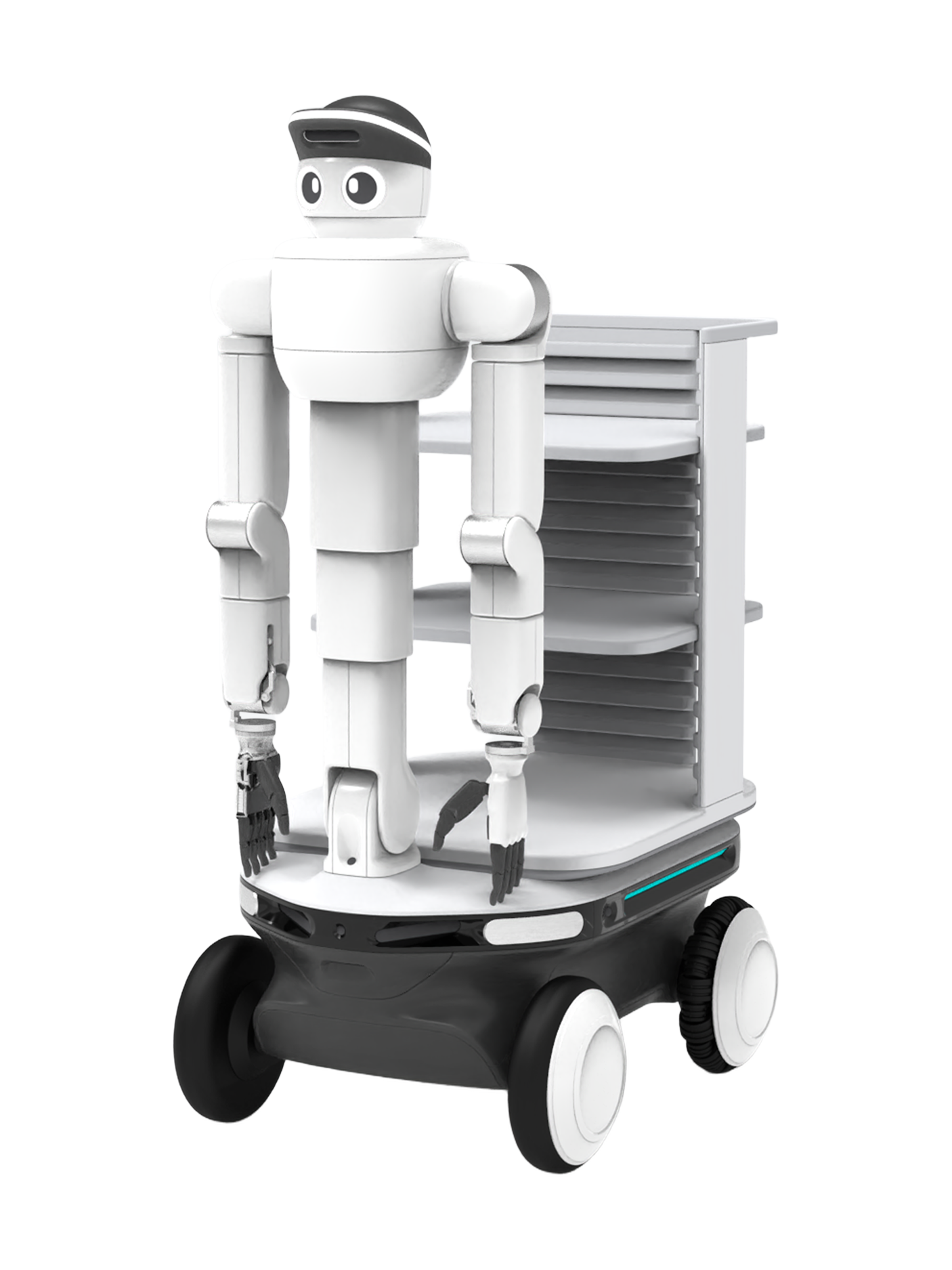 Neubility Billi, white humanoid upper body with a striped cap on a mobile cart with shelves above a black wheeled base, seen at an angle from the front, manufacturer rendering