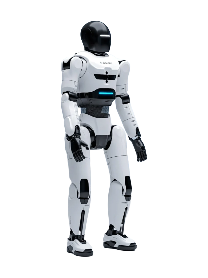 NEURA 4NE1 Mini, small white and black bipedal humanoid with a black helmet head, manufacturer rendering