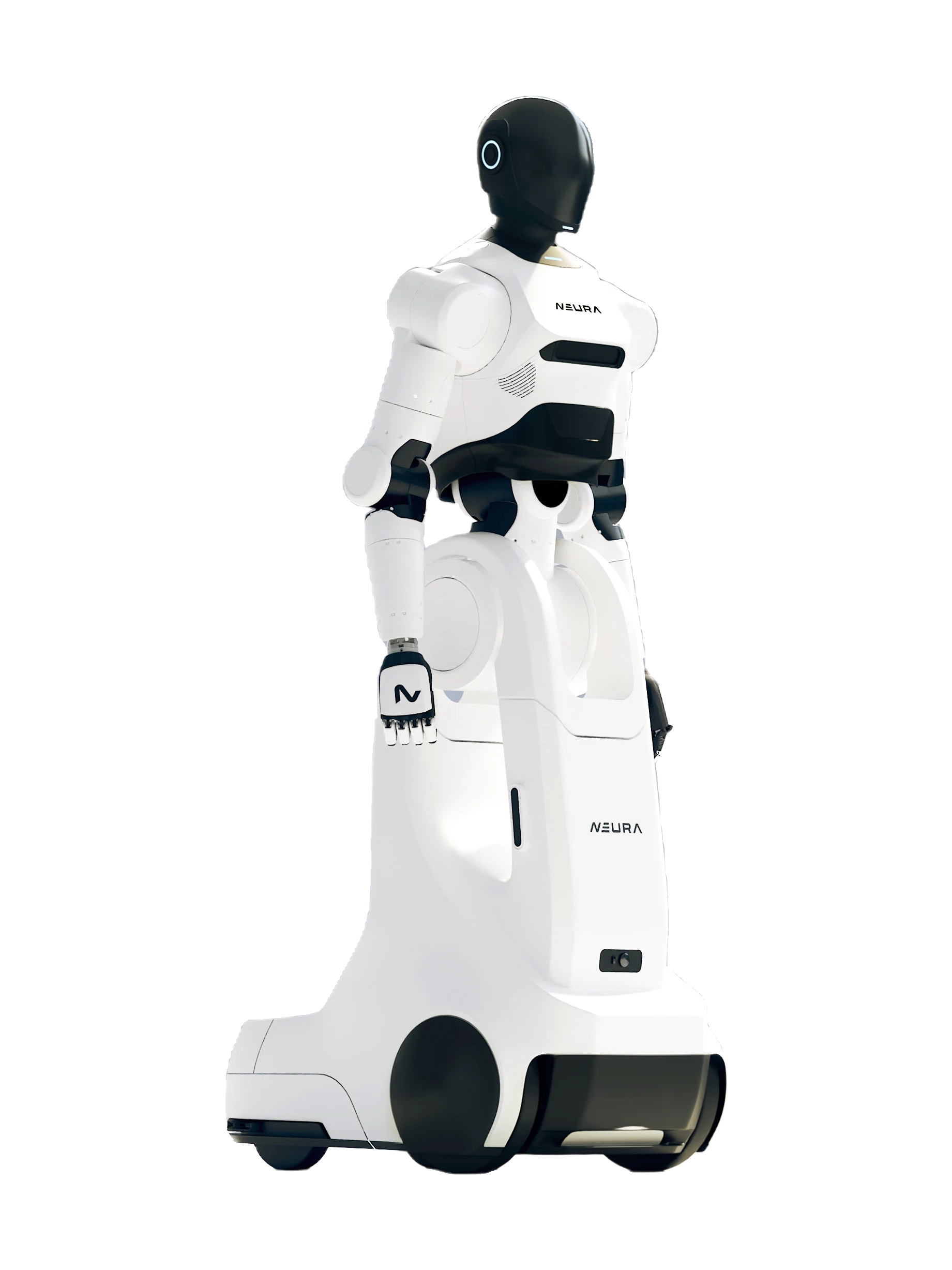 NEURA Robotics 4NE1 Wheels, humanoid upper body with a black helmet head and white torso on a white column base with black wheels, seen at an angle from the front