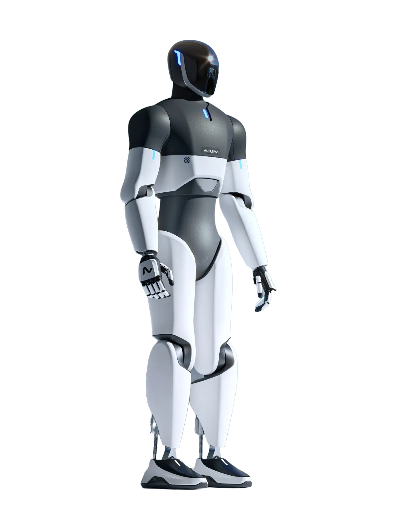 NEURA 4NE1, white and black bipedal humanoid with a black helmet head, seen at an angle from the front, manufacturer rendering