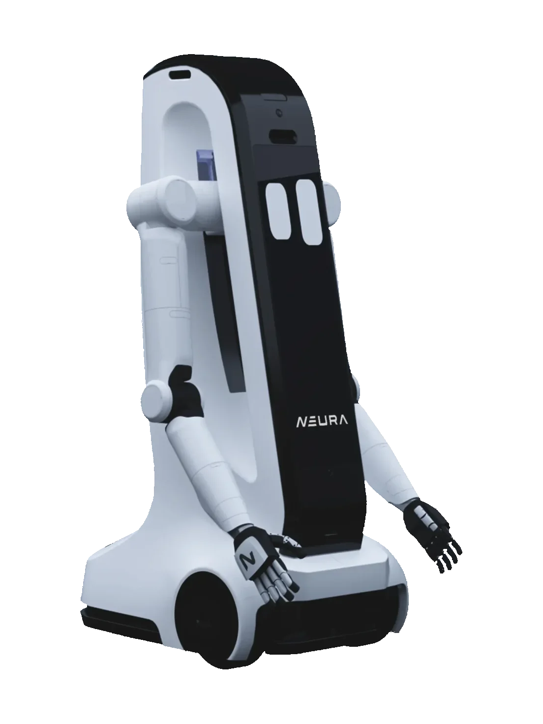NEURA MiPA, wheeled service robot with a white column body and black front screen, two white arms with black hands and a low white base with black wheels, seen from the front at an angle