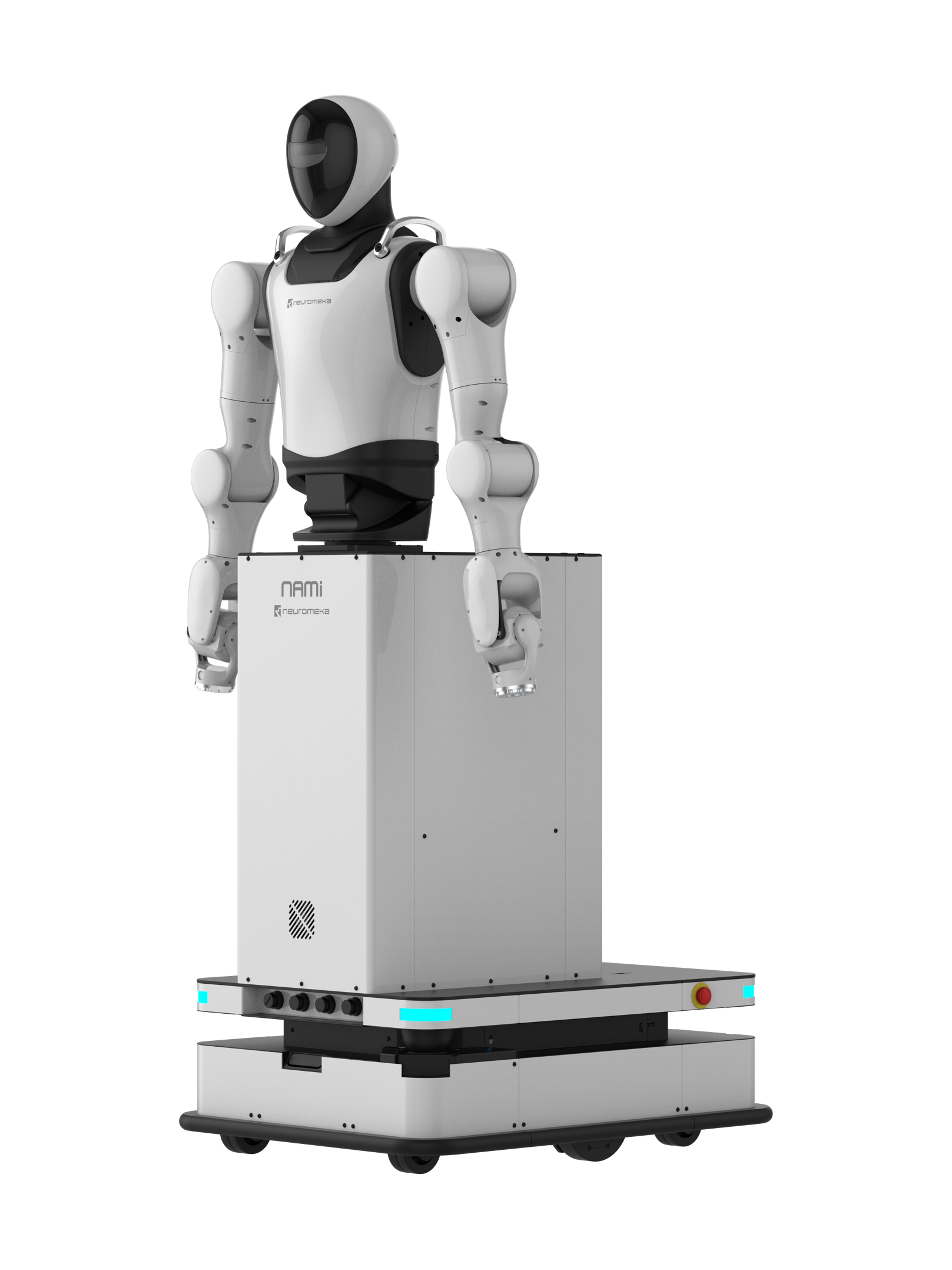 Neuromeka NAMI, white and black humanoid upper body on a white box above a mobile base with wheels, seen at an angle from the front, manufacturer rendering