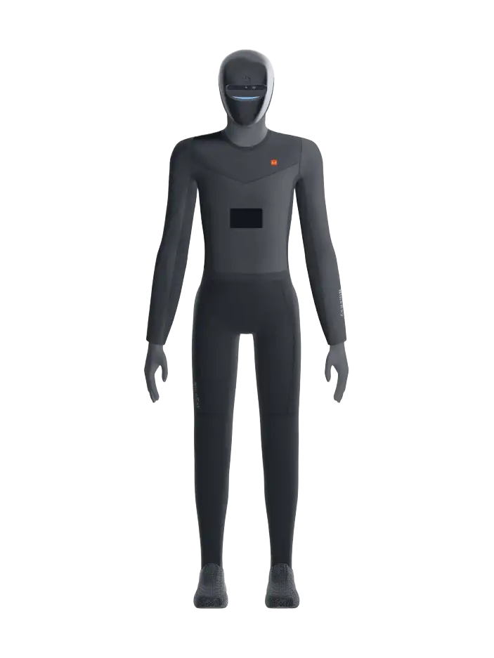 Ninray RayNex G3, bipedal humanoid in a dark grey full-body suit with a black helmet head, standing with its arms down, seen from the front, manufacturer rendering