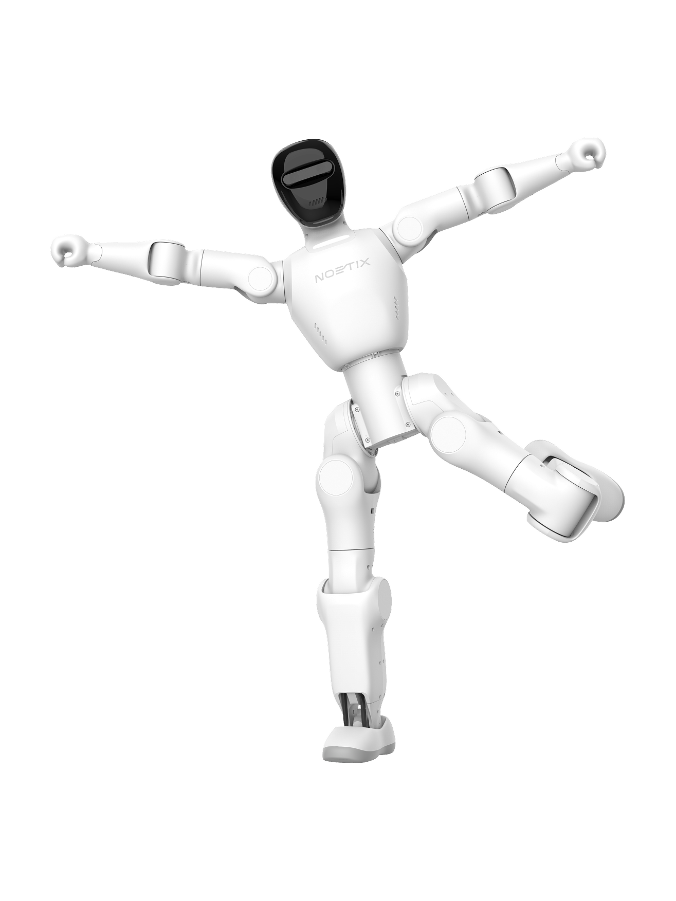 Noetix Bumi, white bipedal humanoid robot with a black face screen, balancing on one leg with arms outstretched, manufacturer product image
