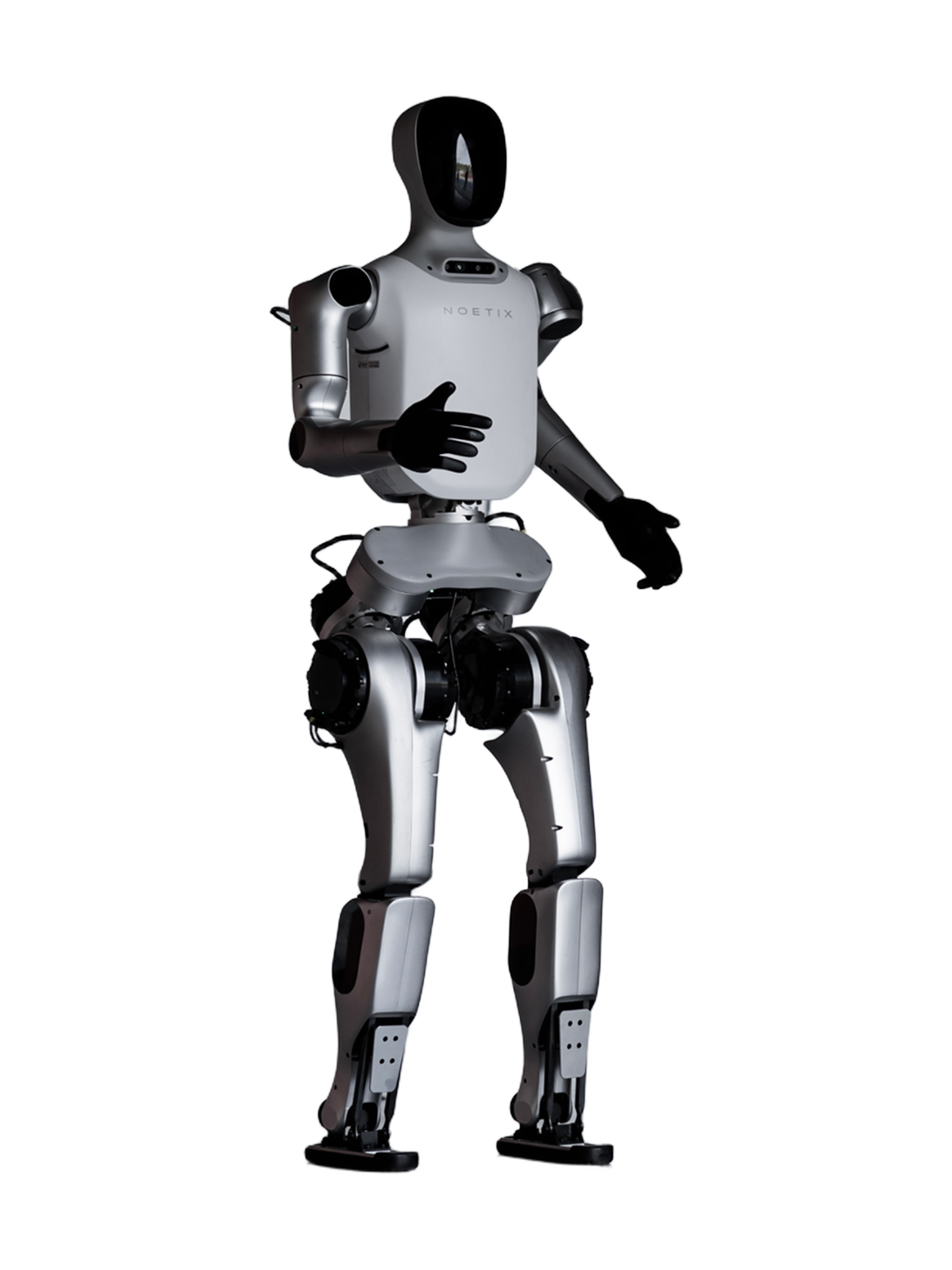 Noetix E1, silver and white bipedal humanoid robot with a black face screen, standing, manufacturer image