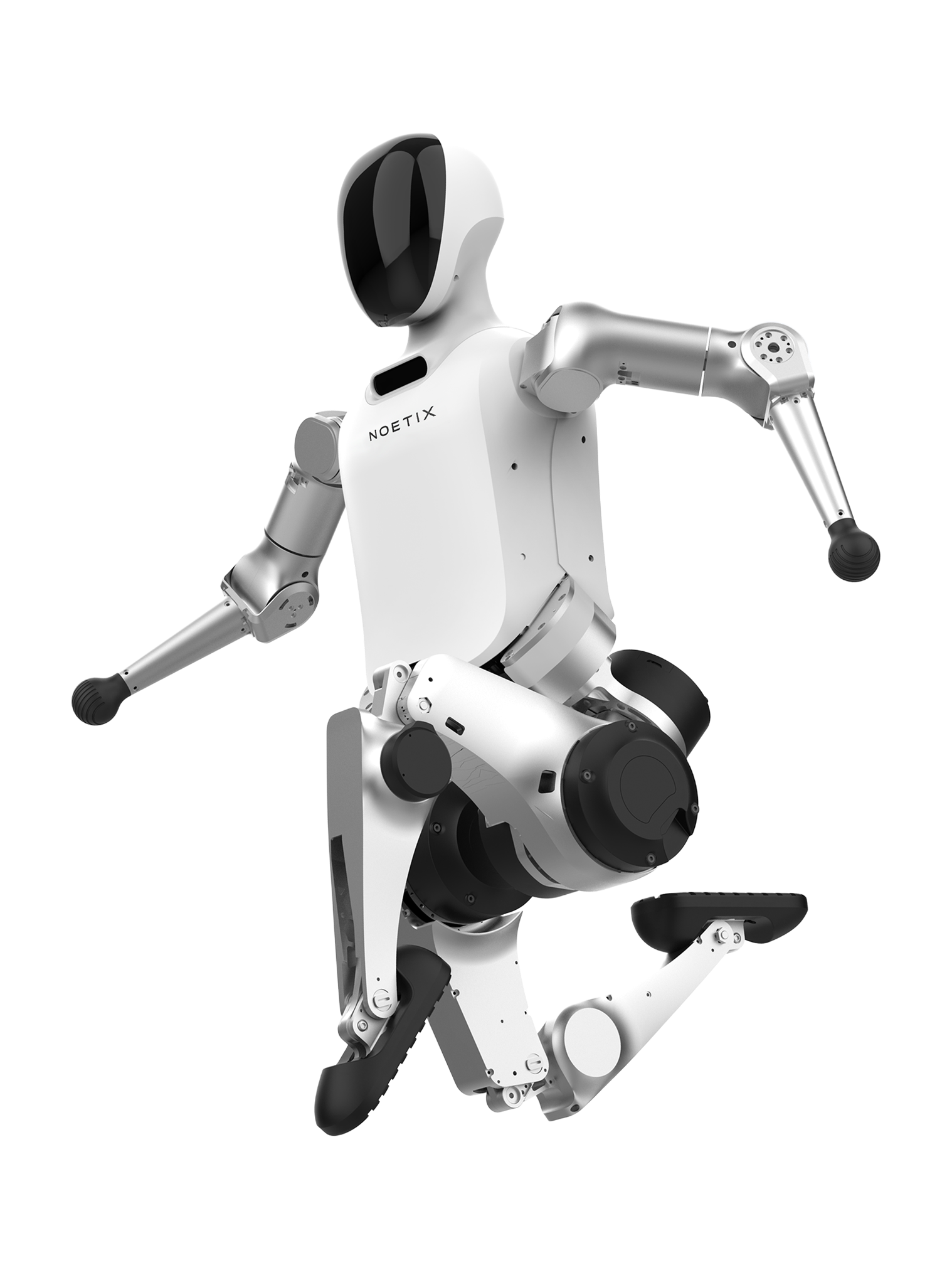 Noetix N2, white and silver bipedal humanoid robot mid-jump with legs bent, manufacturer product image