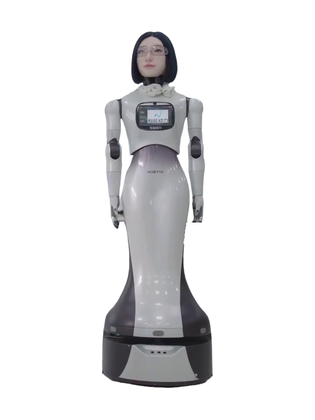 Noetix W1, white humanoid with a realistic female face, black bob hair and glasses, a scarf at the neck, a screen on the chest and a long slender body on a black and white wheeled base, standing with its arms down, seen from the front, still from the manufacturer's video
