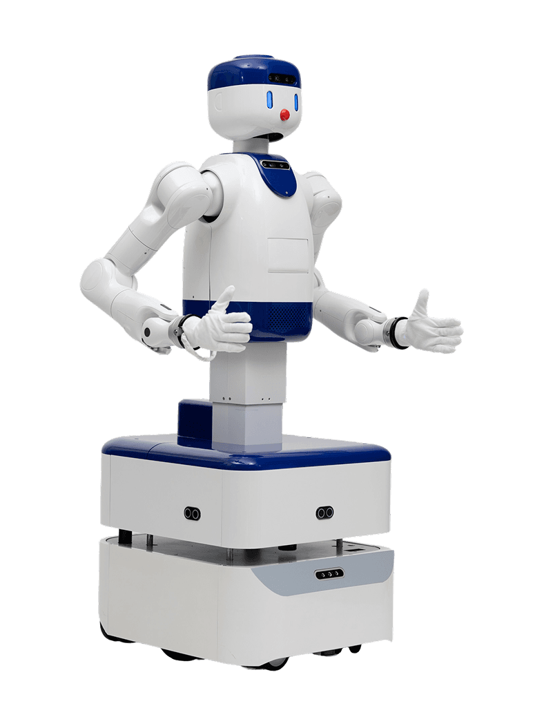 Omakase Robotics D1, white and blue wheeled humanoid with a round head, two arms and a boxy two-tier wheeled base, seen from the front left