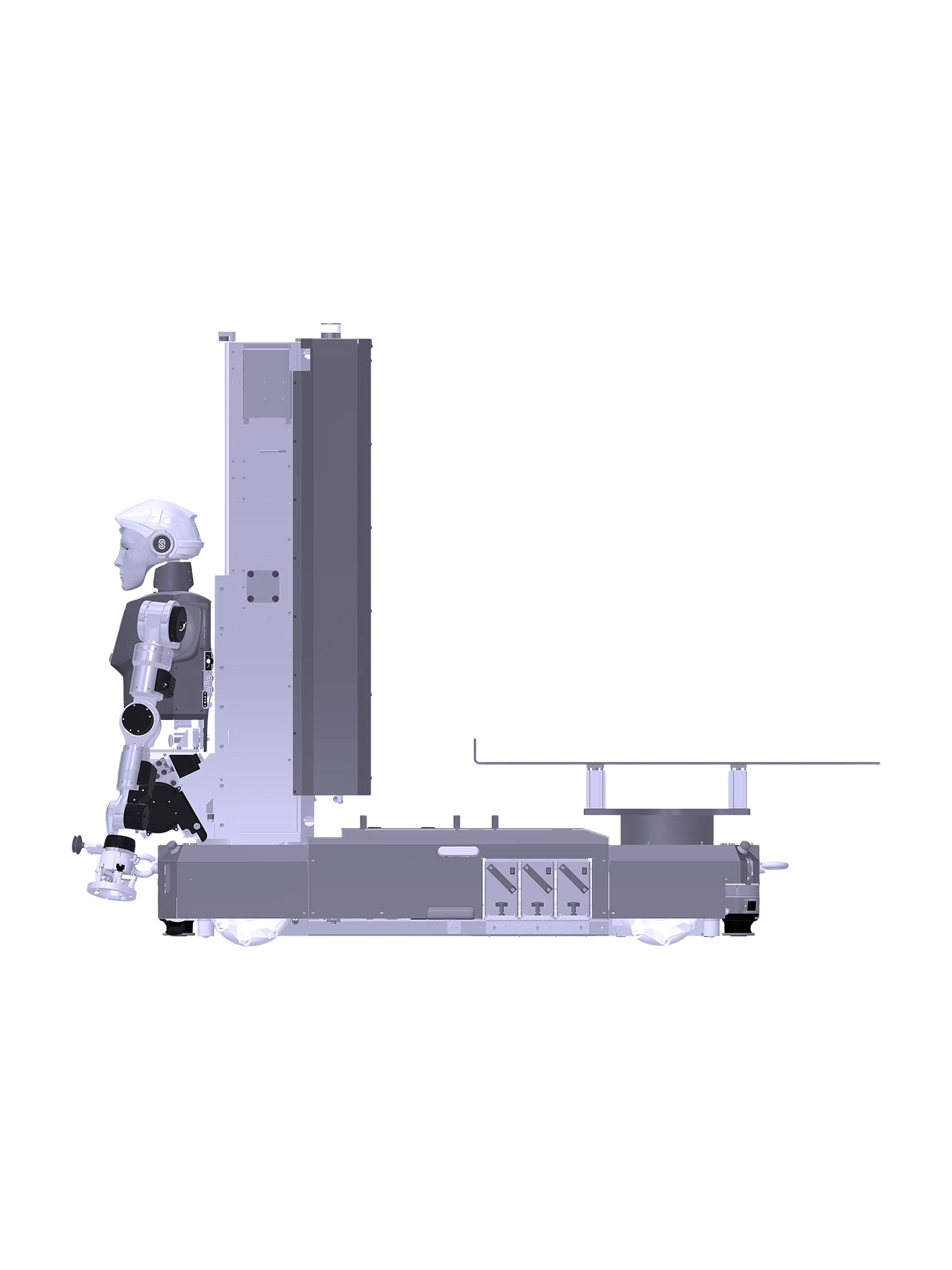 Oversonic RoBee F, humanoid with a white head on a tall grey lifting column above a long grey wheeled base with a rear module, seen from the side, manufacturer rendering