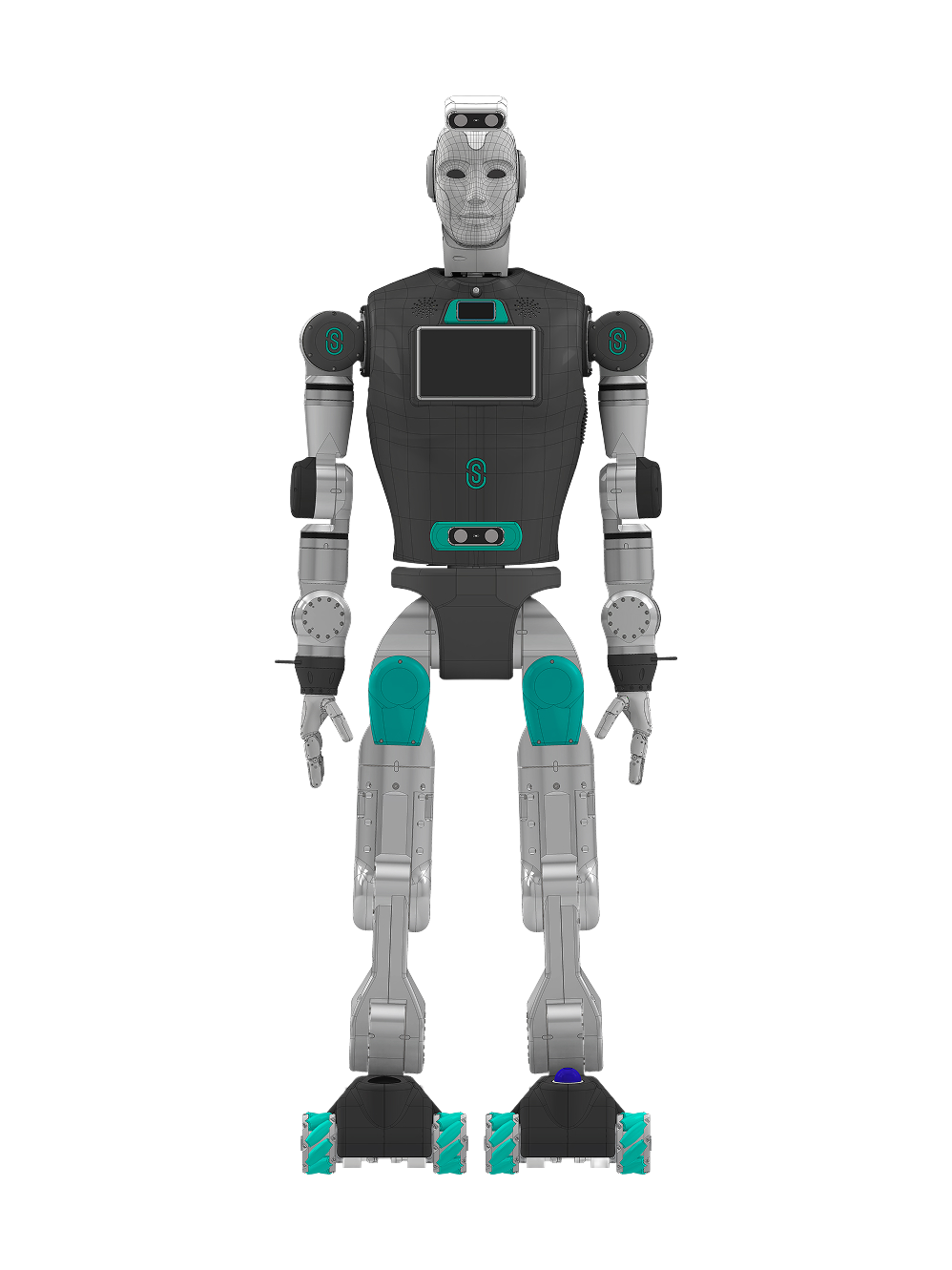 Oversonic RoBee M, black and silver humanoid with a white face and turquoise knee parts on a wheeled base, seen from the front, manufacturer rendering