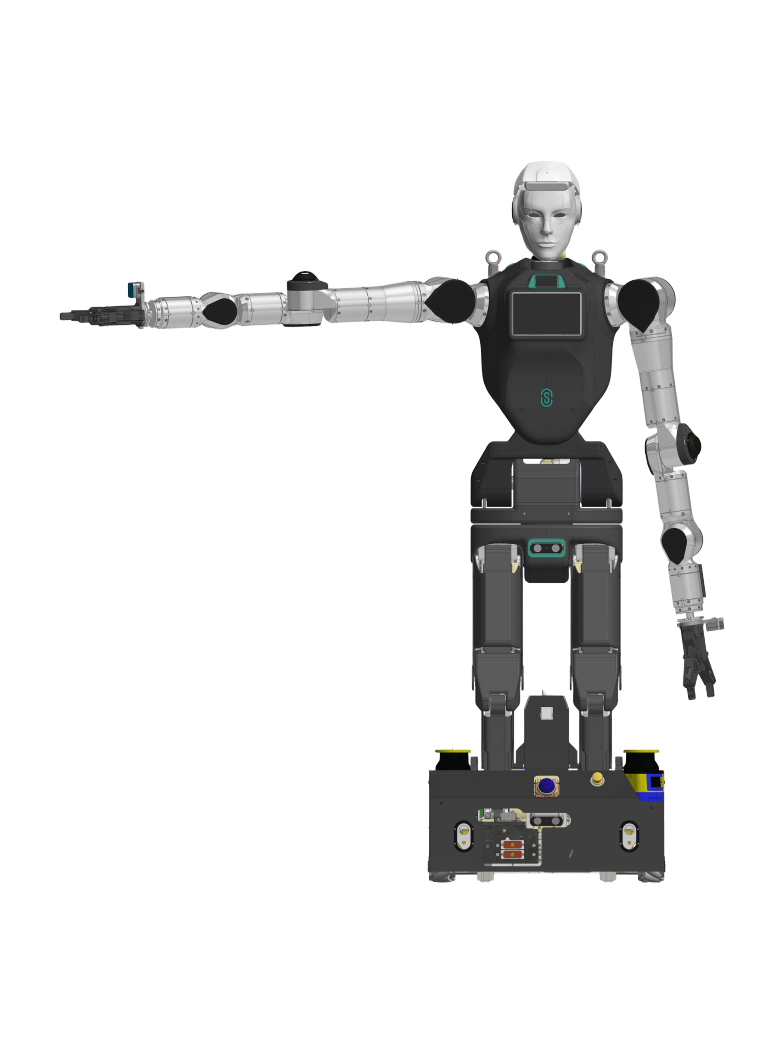 Oversonic RoBee R, black and silver humanoid with a white face and one arm stretched out to the side on a black wheeled base, seen from the front, manufacturer rendering