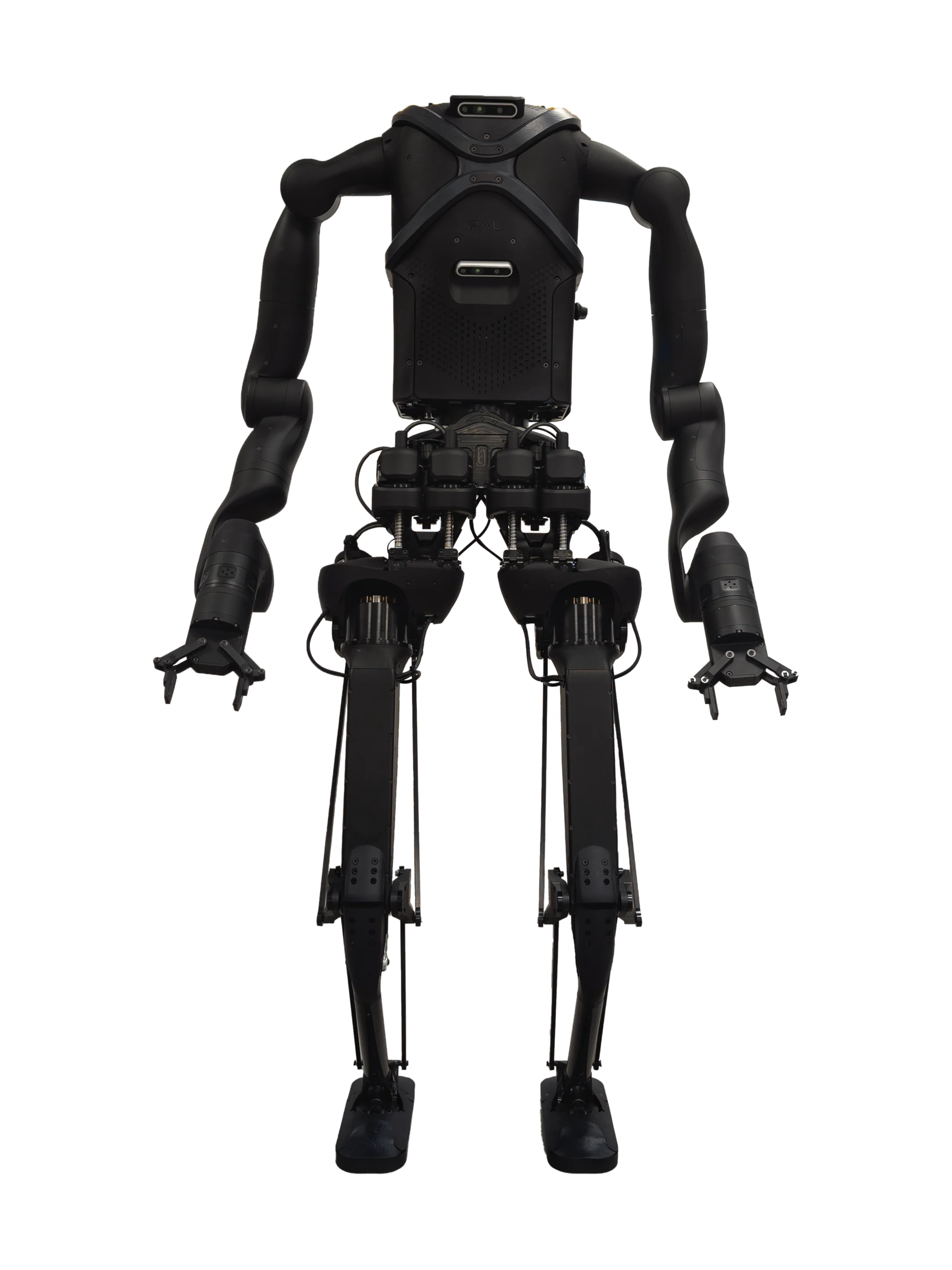 PAL Robotics KANGAROO, black bipedal humanoid with long slender legs and two arms, seen from the front, manufacturer image
