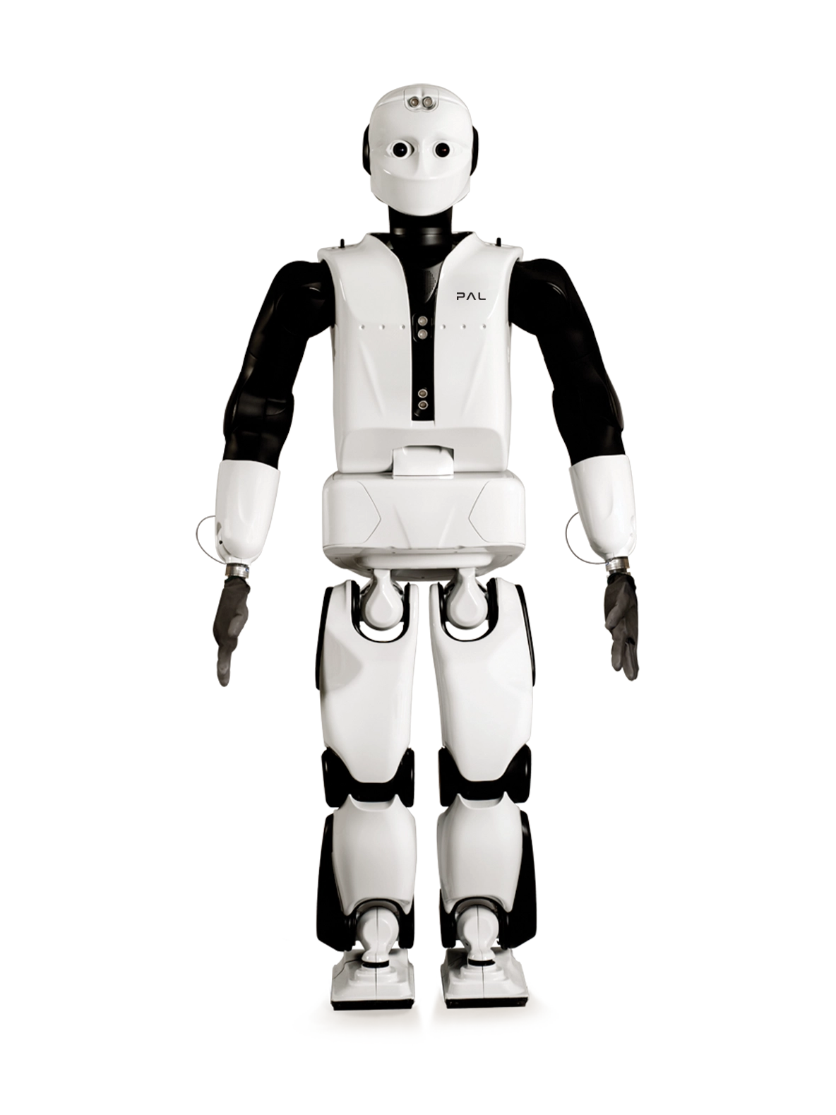 PAL Robotics REEM-C, white and black bipedal humanoid with a rounded head, seen from the front, manufacturer image