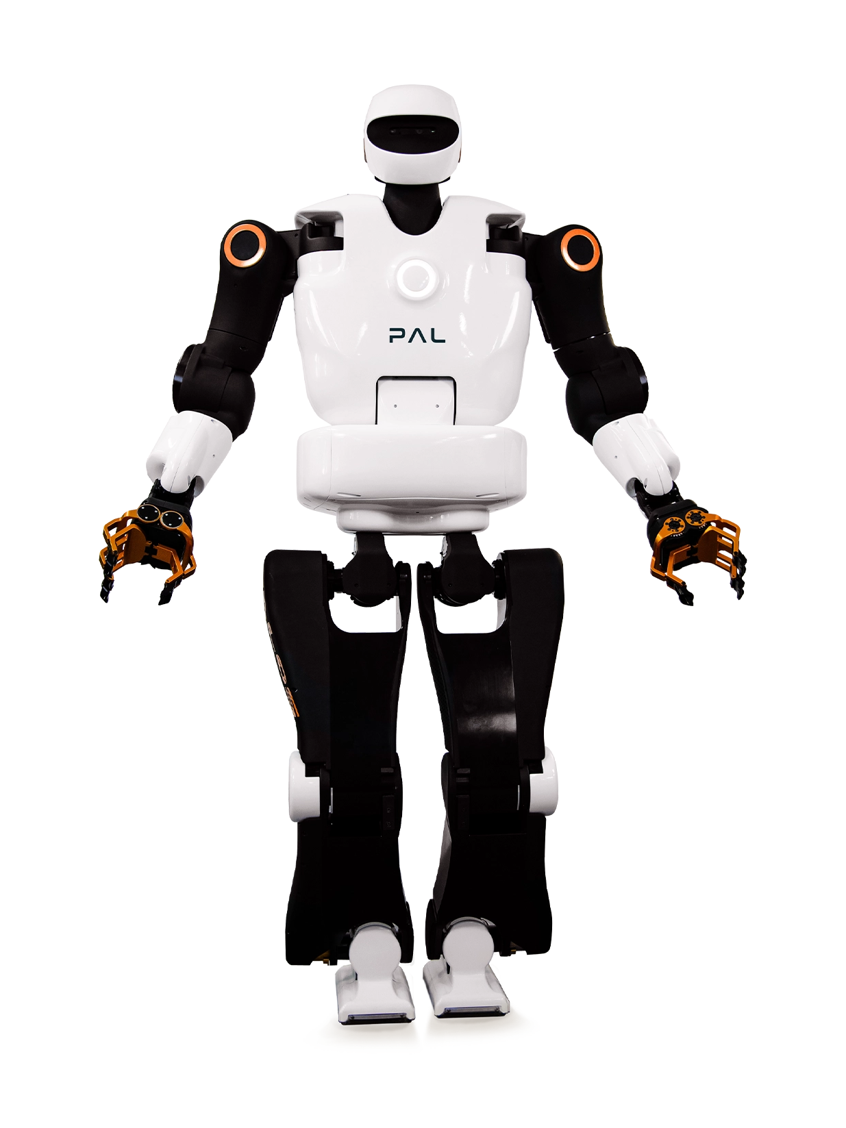 PAL Robotics TALOS, white and black bipedal humanoid with orange wrist joints, seen from the front, manufacturer image