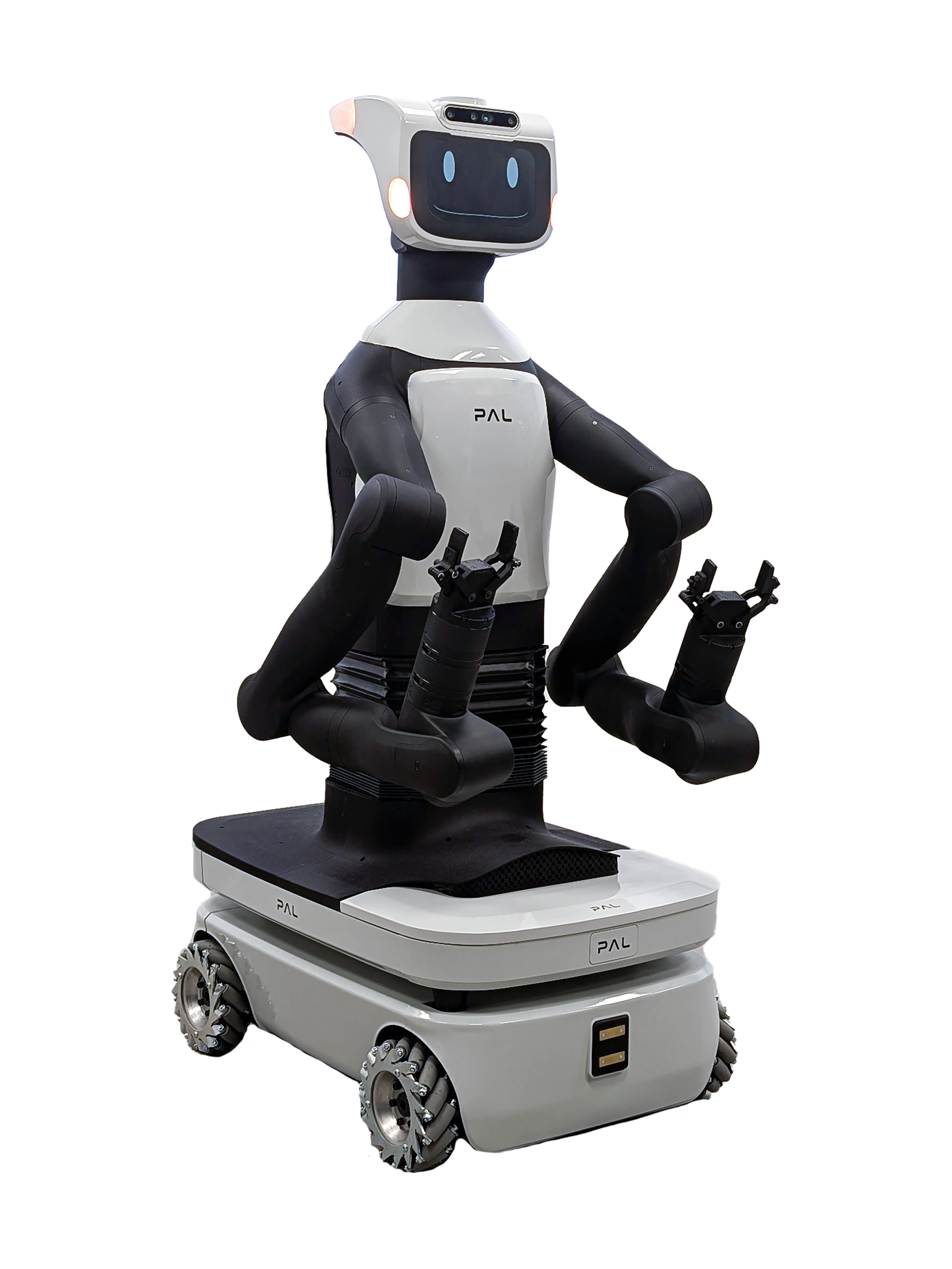 PAL Robotics TIAGo Pro, black and white robot upper body with two arms and a screen head on a grey wheeled base, seen at an angle from the front, manufacturer image