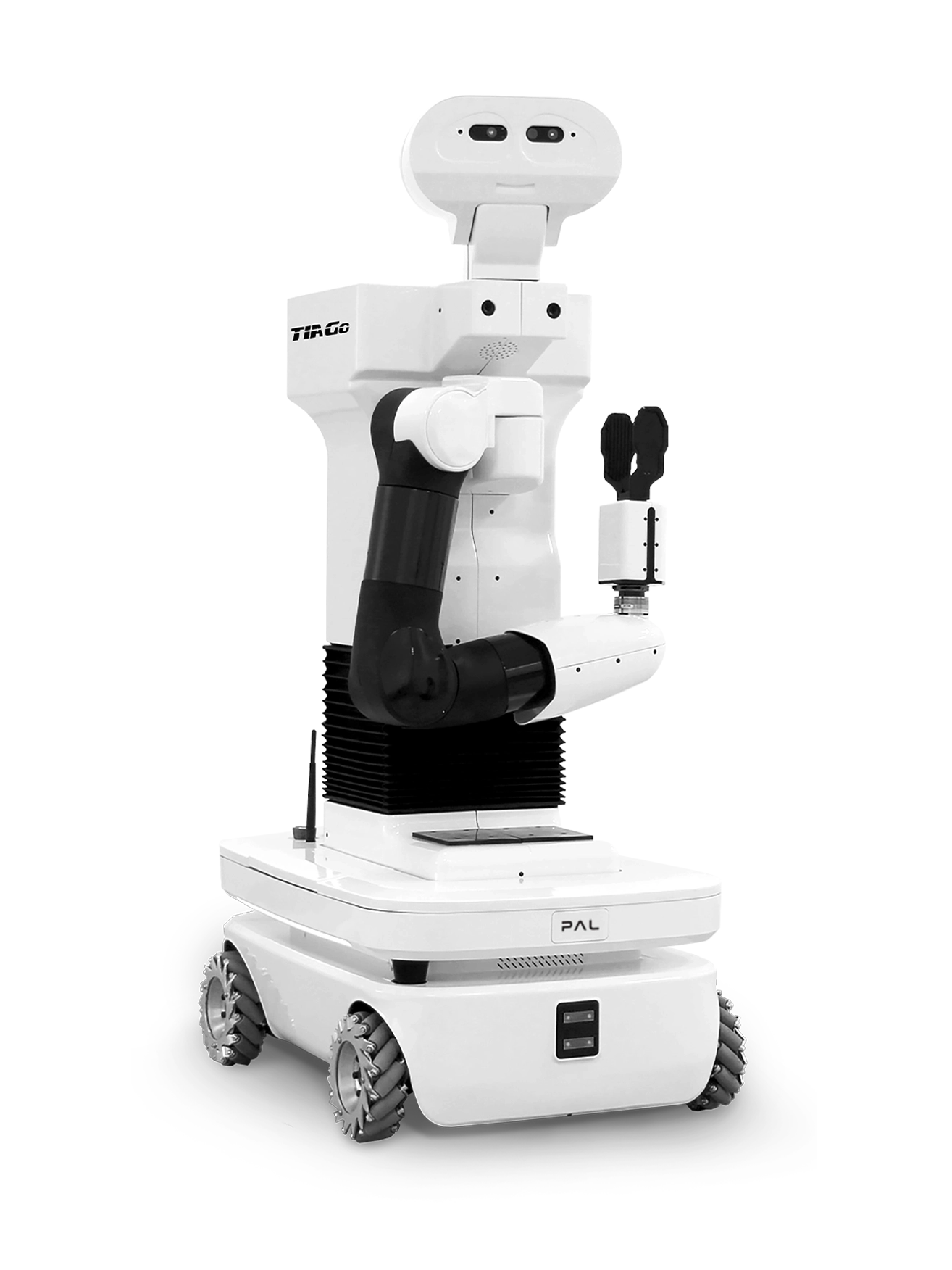 PAL Robotics TIAGo, white robot with one black arm and a head on a lifting torso above a white wheeled base, seen at an angle from the front, manufacturer image