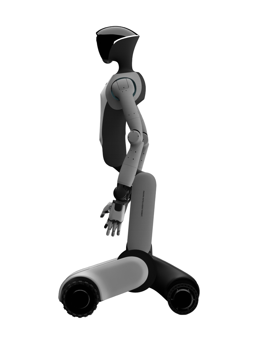 PaXini TORA DOUBLE ONE, humanoid upper body with a black visor head on a column and wheeled base, seen from the side, product image