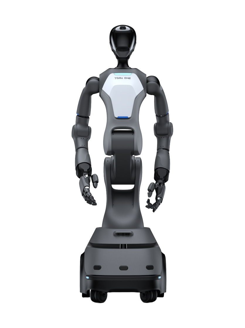 PaXini TORA ONE, humanoid upper body with a black visor head on a column and wheeled base, seen from the front, product image