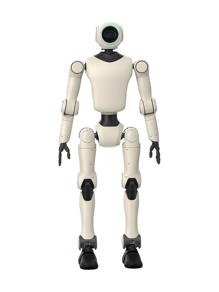 PHYBOT C1, cream-white humanoid with a round white head with a black face visor ringed by a turquoise light, black neck and waist, black hands and feet, standing with arms down, seen from the front, manufacturer rendering
