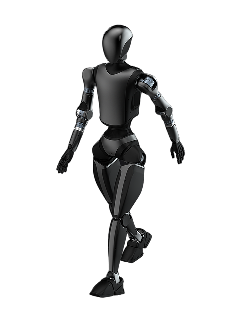 PHYBOT M1, black humanoid with a glossy black oval head, a dark grey chest plate, silver-blue joint rings on the arms and grey stripes on the legs, walking, seen at an angle, manufacturer rendering