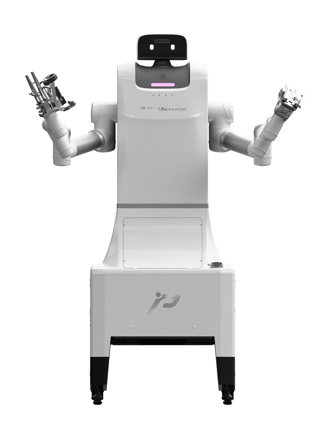 PL-Universe ProWhite 2.0, white industrial robot with a tall, narrow upper body on a box-shaped base with black support feet, a black screen head with white eyes and a purple light strip and two raised robot arms with tools at their ends, seen from the front, manufacturer rendering