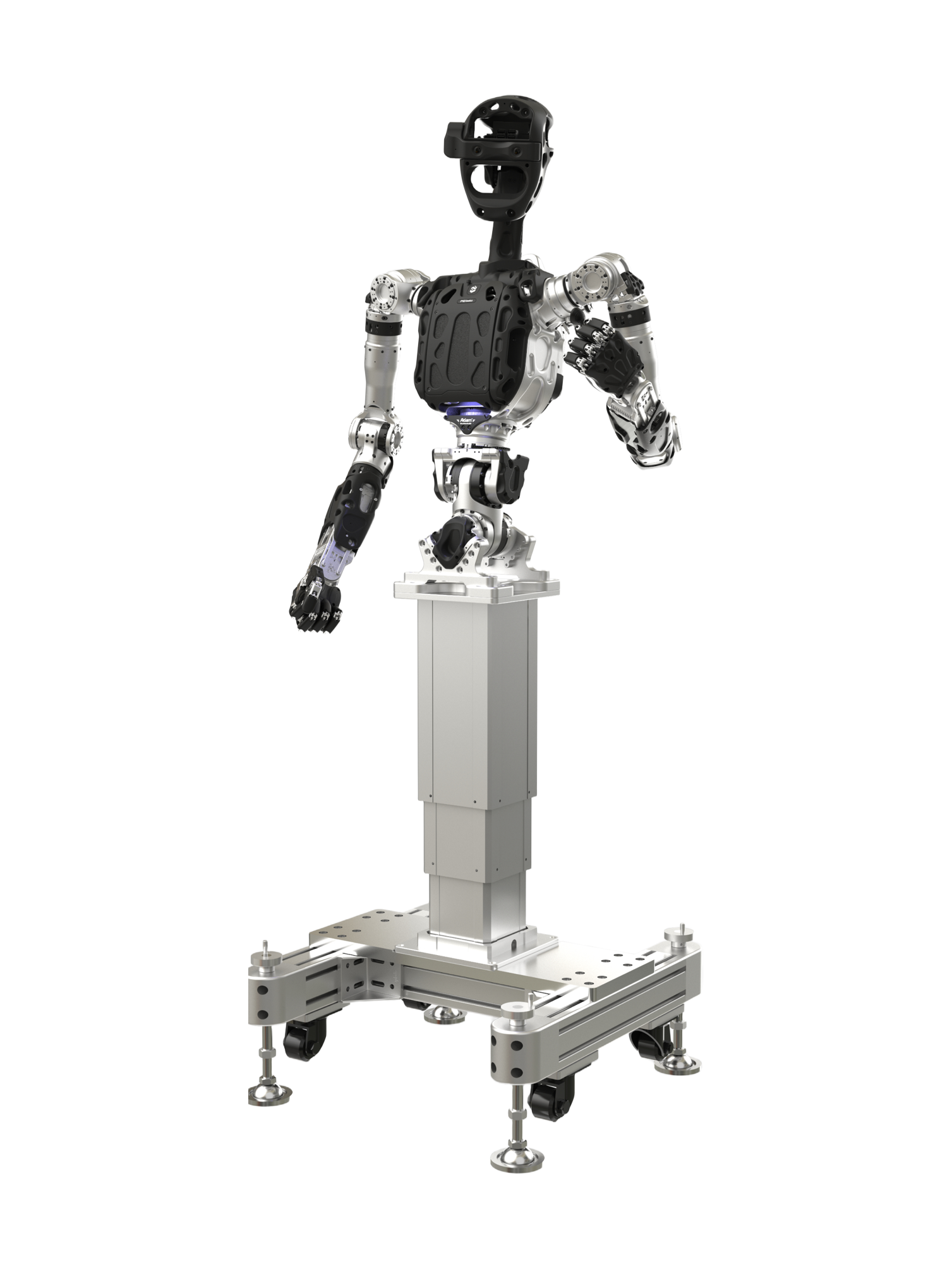 PNDbotics Adam-U, black and silver humanoid upper body on a lifting column and a square base with castors, manufacturer rendering