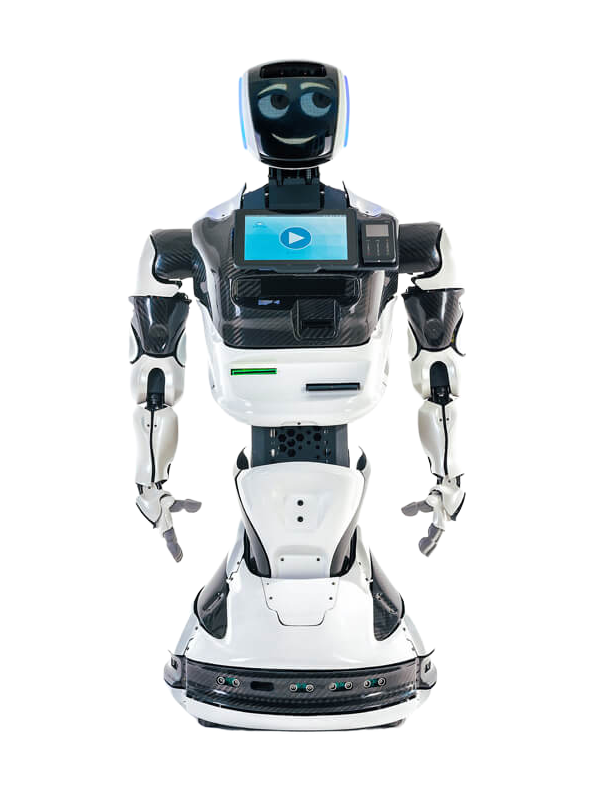 Promobot V.4, white and black service robot with a black oval head showing a smiling face, a tablet on the chest, two arms and a conical wheeled base, seen from the front, manufacturer photo