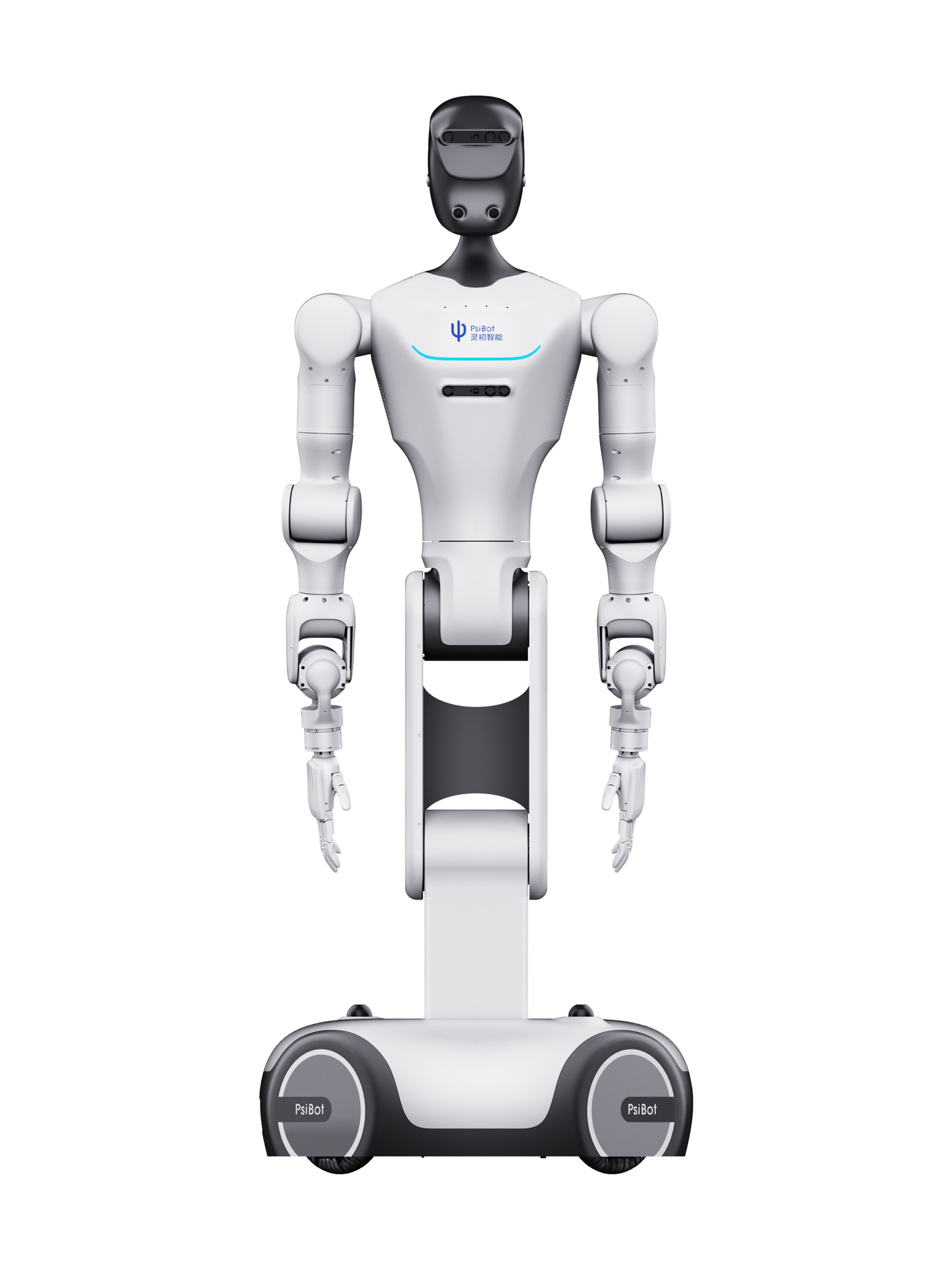 PsiBot V1, white humanoid upper body with a black head and two arms on a white column above a wheeled base, seen from the front, manufacturer rendering