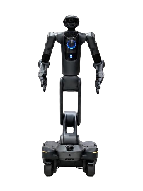 Pudu D7, dark grey two-armed humanoid robot on a jointed torso and wheeled base, manufacturer photo