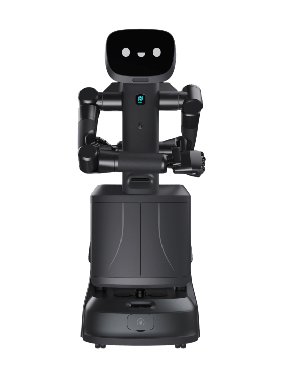 Pudu FlashBot Arm, black robot with a screen head showing a drawn face and two arms above a black cabinet on a wheeled base, seen from the front, manufacturer image