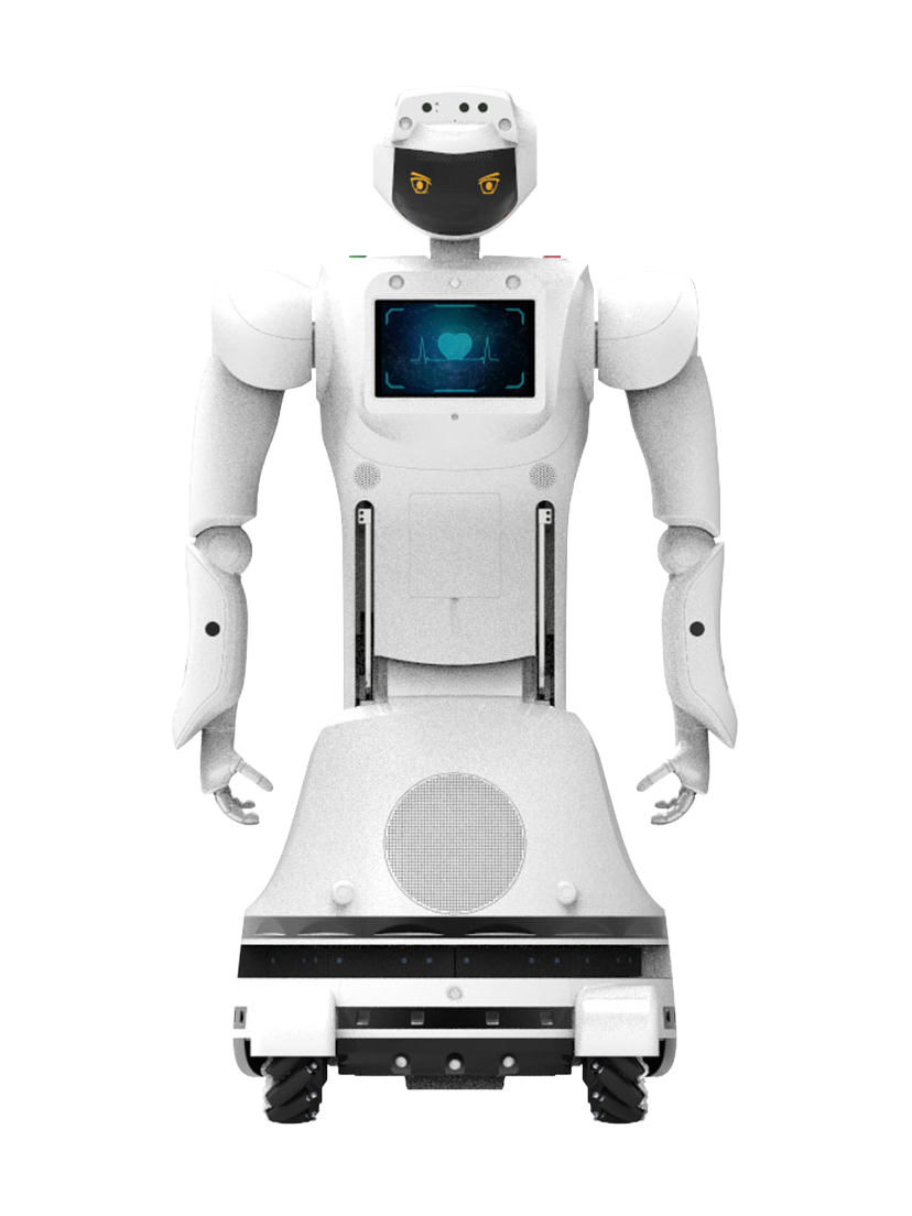 Qihan Sanbot Max, white humanoid service robot on a wide base with mecanum wheels, a black face panel with yellow eyes and a screen on its chest, arms down at its sides, seen from the front, manufacturer rendering