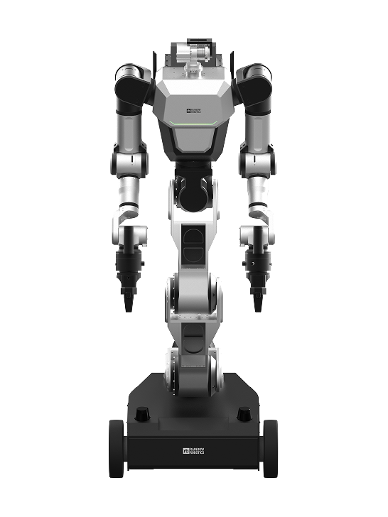Rainbow Robotics RB-Y1, silver dual-arm upper body on a jointed torso and a black wheeled base, seen from the front, manufacturer rendering