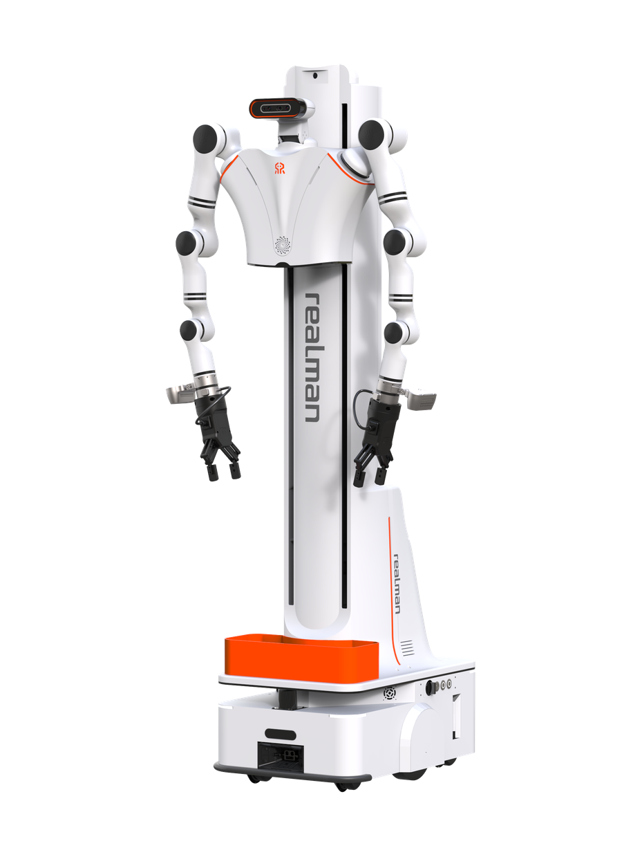 Realman Dual-Arm Lift, white robot with two jointed arms with black grippers and a camera head on a torso mounted on a tall vertical lift column, with an orange tray on a white wheeled base, seen at an angle from the front, manufacturer rendering