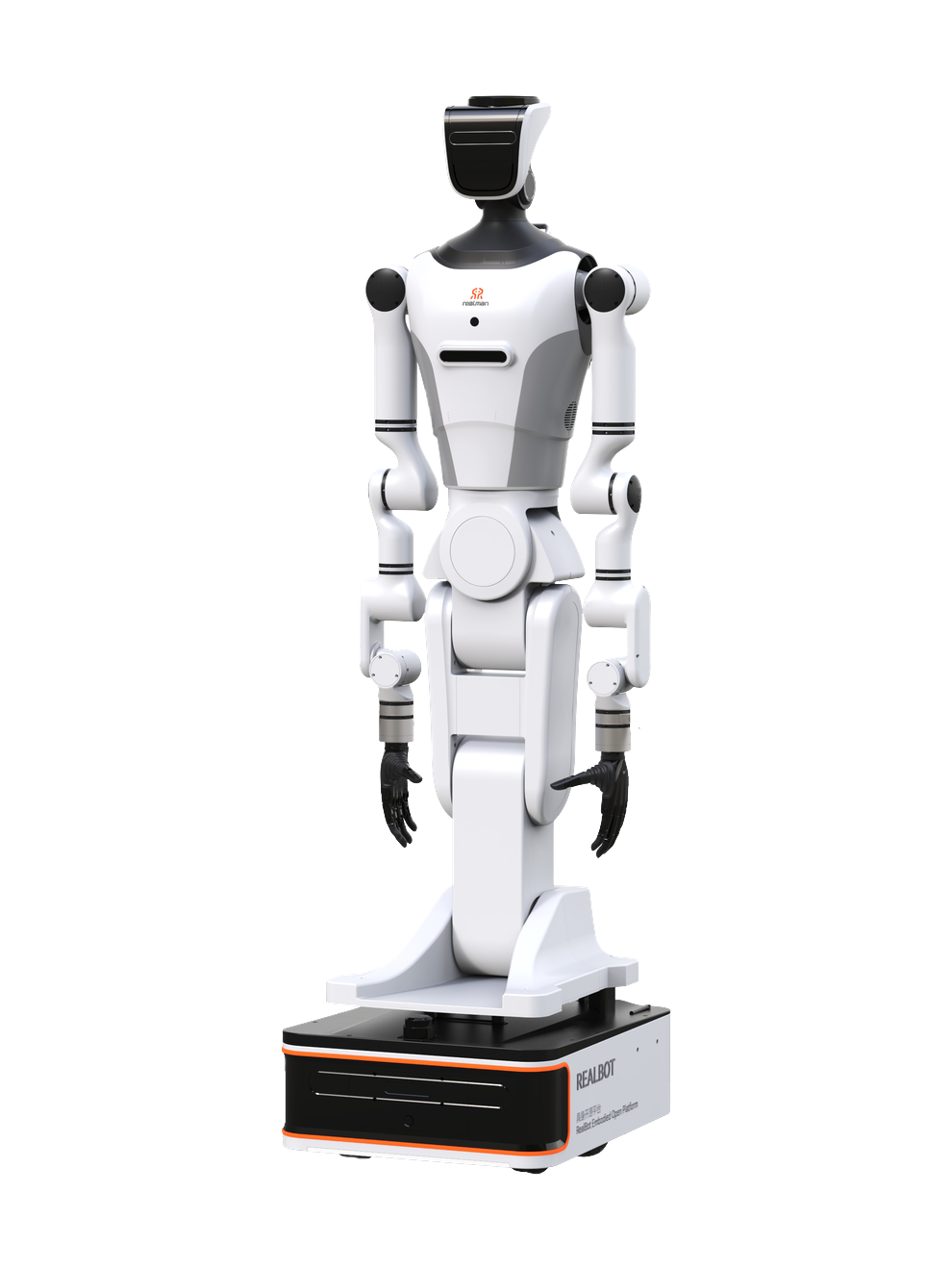 Realman RealBot-01, white humanoid upper body on a curved white torso and a black wheeled base, seen at an angle from the front, manufacturer rendering