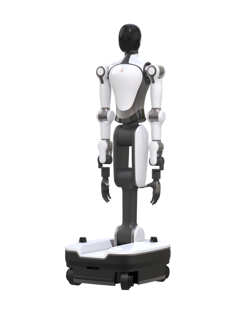 Realman RealBot-S2, white and black humanoid upper body on a column and a white wheeled base, manufacturer rendering