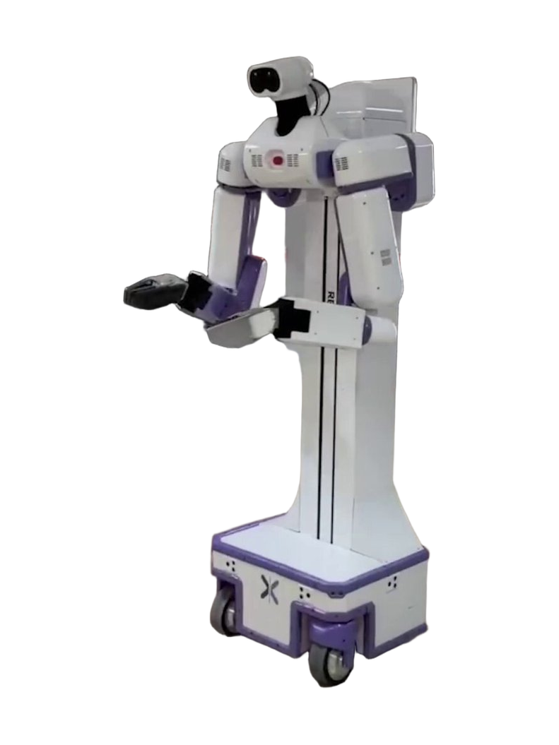 Reflex Robotics Reflex, white and purple wheeled robot with a tall column, two arms with grippers, a camera head with two black lenses and a box-shaped base on wheels, seen from the front at an angle