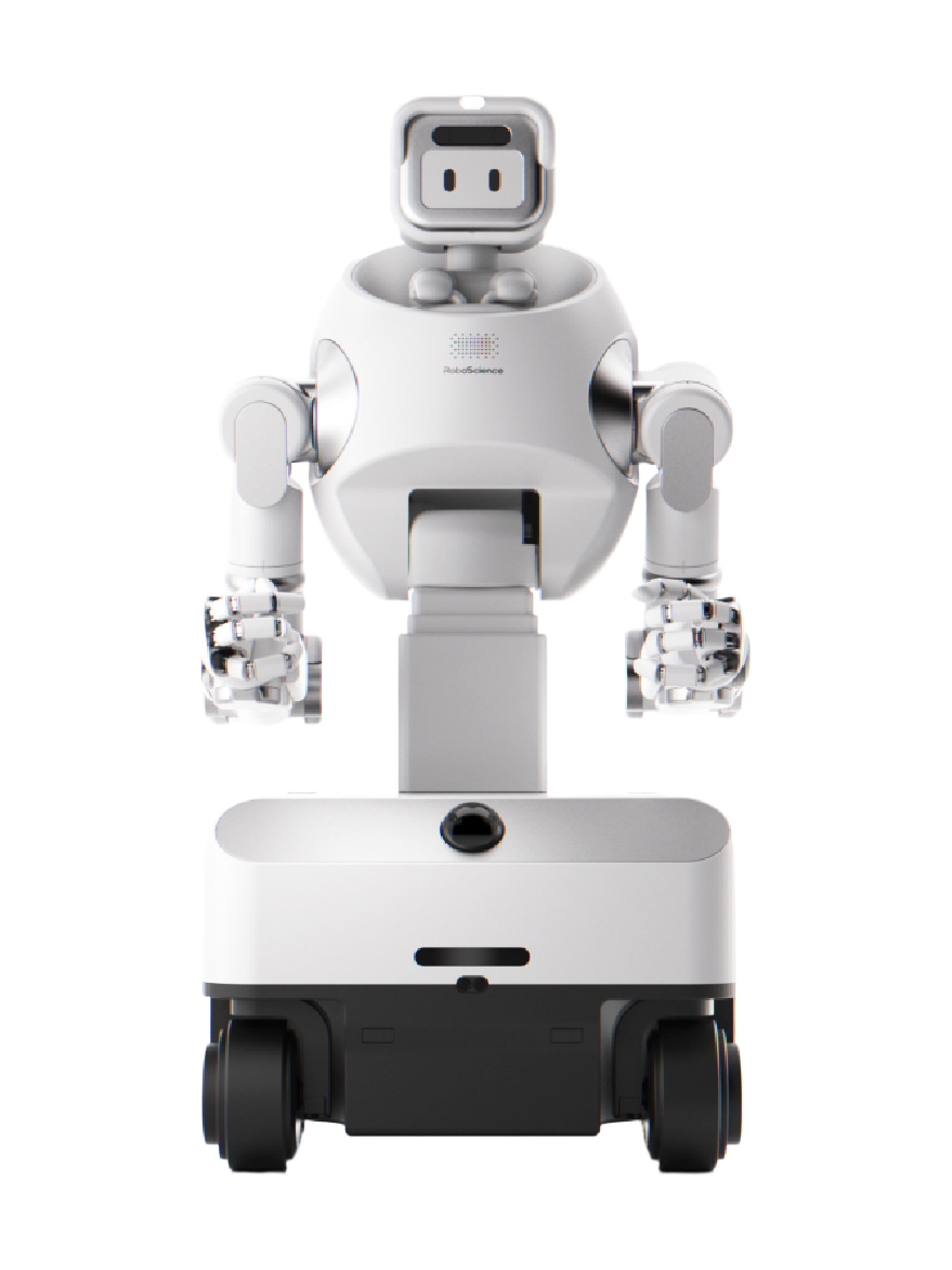 RoboScience REX G1, white wheeled humanoid with a square head with a screen showing two eyes, a rounded torso, two arms with fingered hands, on a lifting column above a white and black wheeled base, seen from the front, manufacturer image