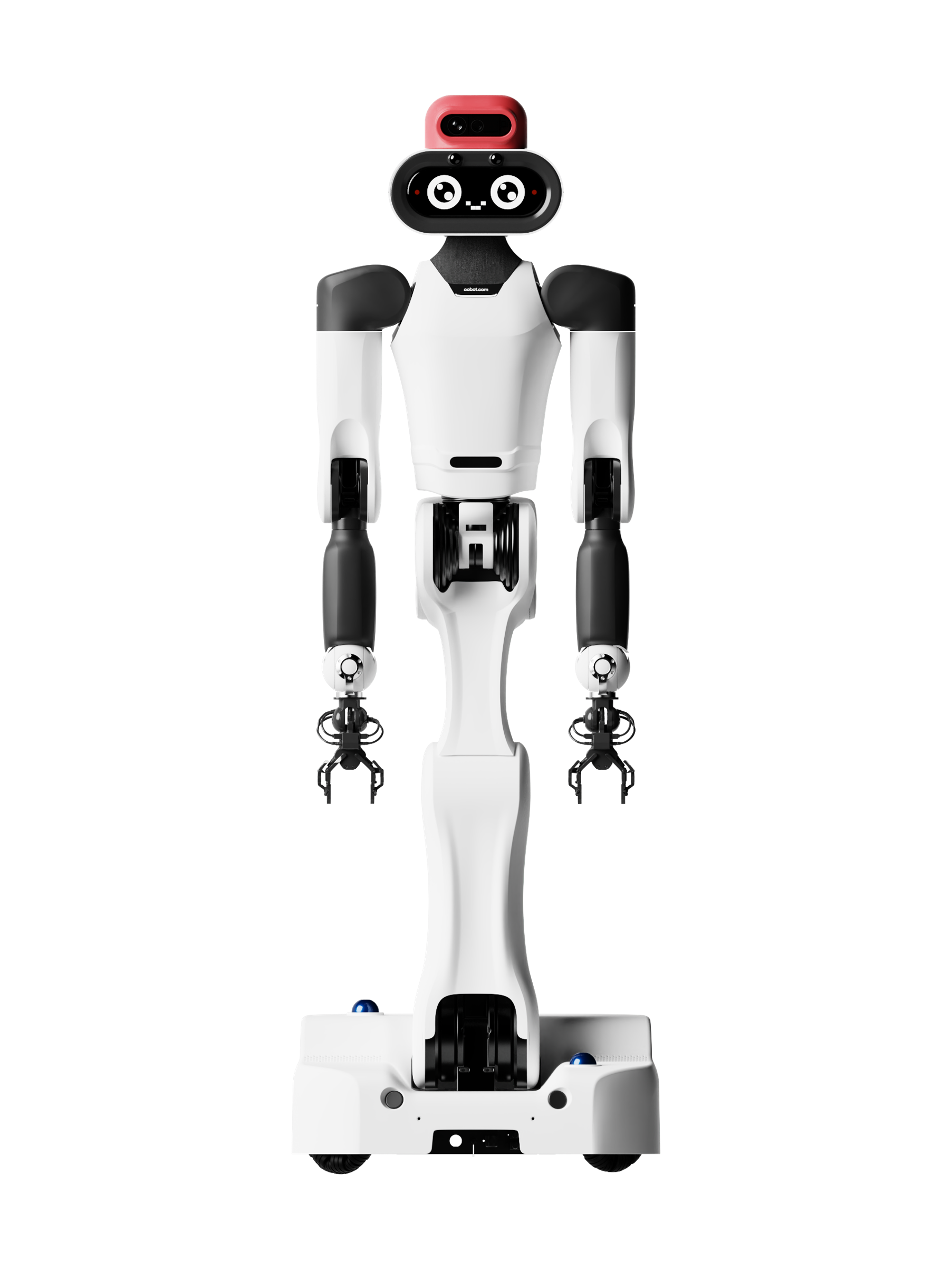 Robot.com R-noid, white and black humanoid with a screen face and a red cap on a slim white column above a white wheeled base, seen from the front, manufacturer image