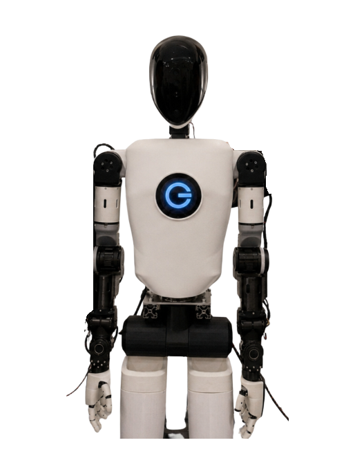 GEORGE, white humanoid upper body with a black oval head and a glowing blue G-shaped logo on the chest, black arms with white joints and white hands, on a white and black pedestal, seen from the front