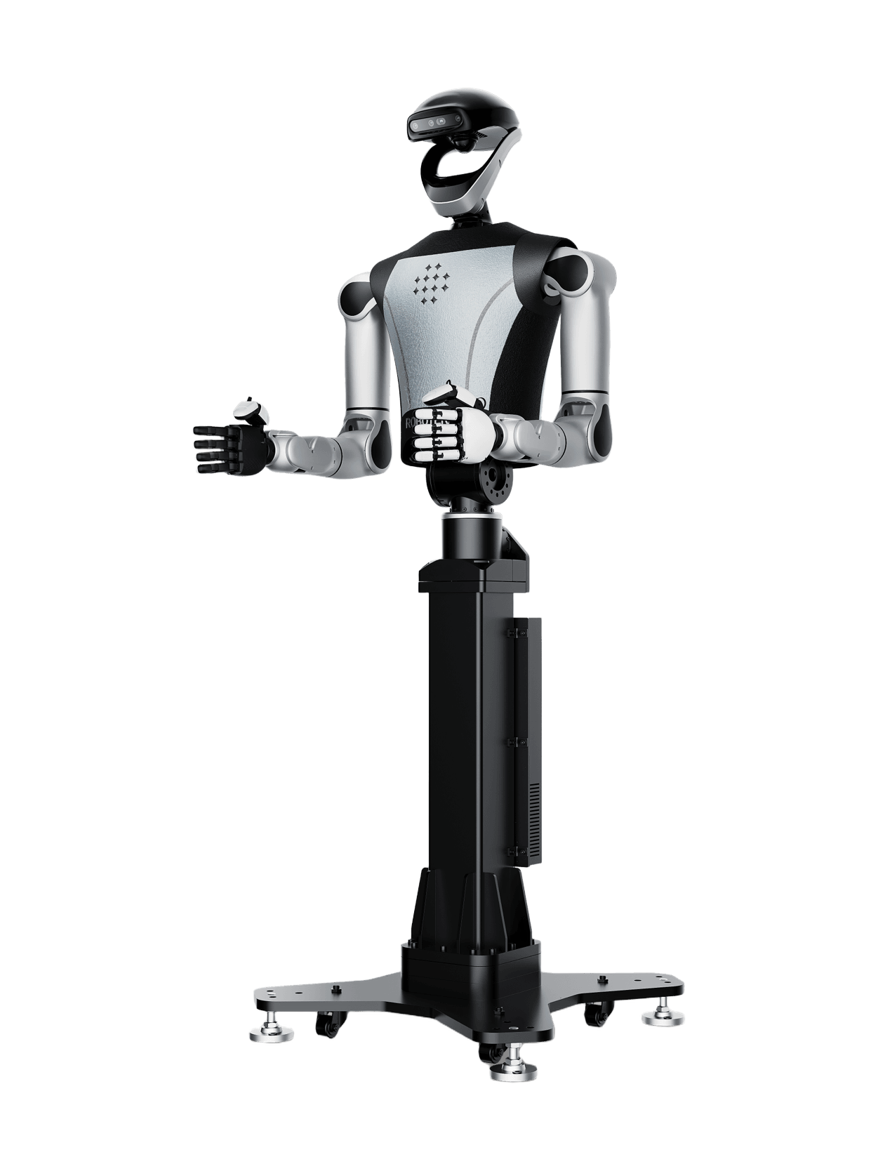 RobotEra M7, silver and black humanoid upper body with a visor head on a black column above a foot with wheels, seen from the front, manufacturer rendering