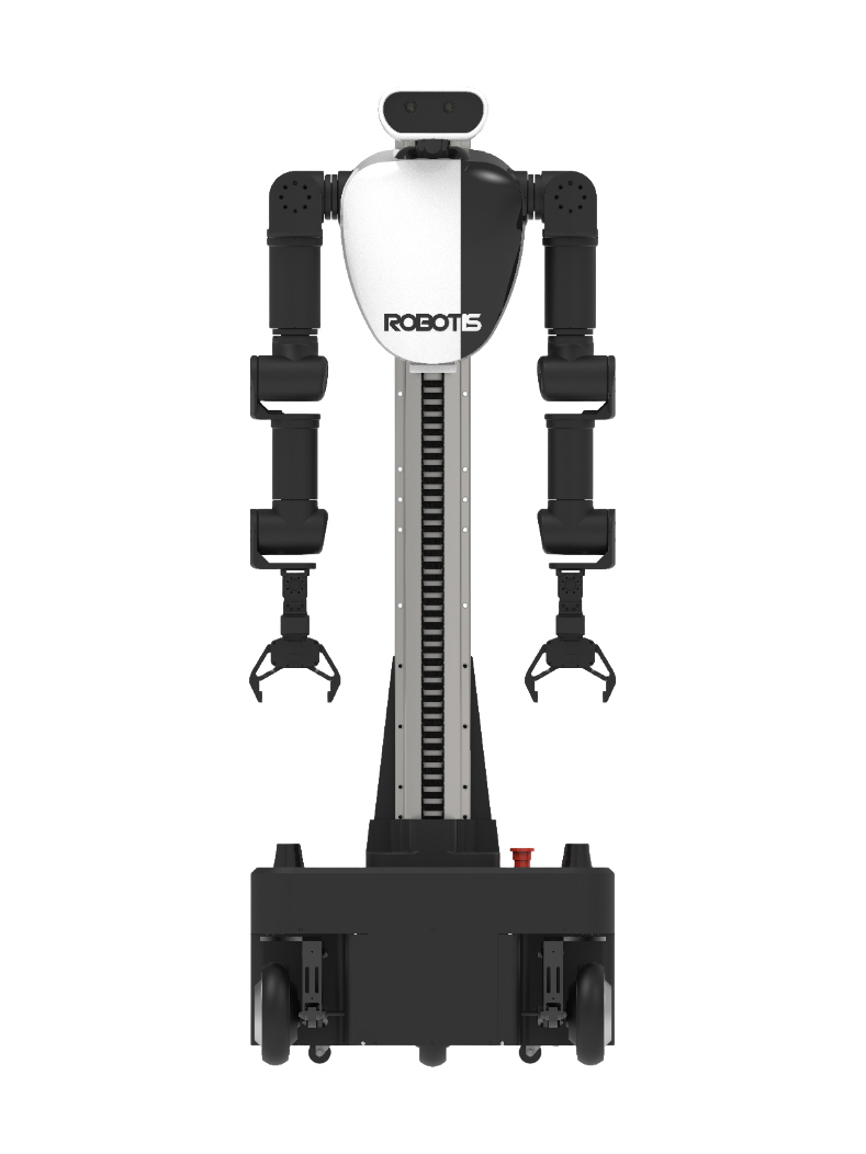 ROBOTIS AI Worker, black and white robot with two black arms with grippers on a lifting column above a black wheeled base, seen from the front, manufacturer rendering