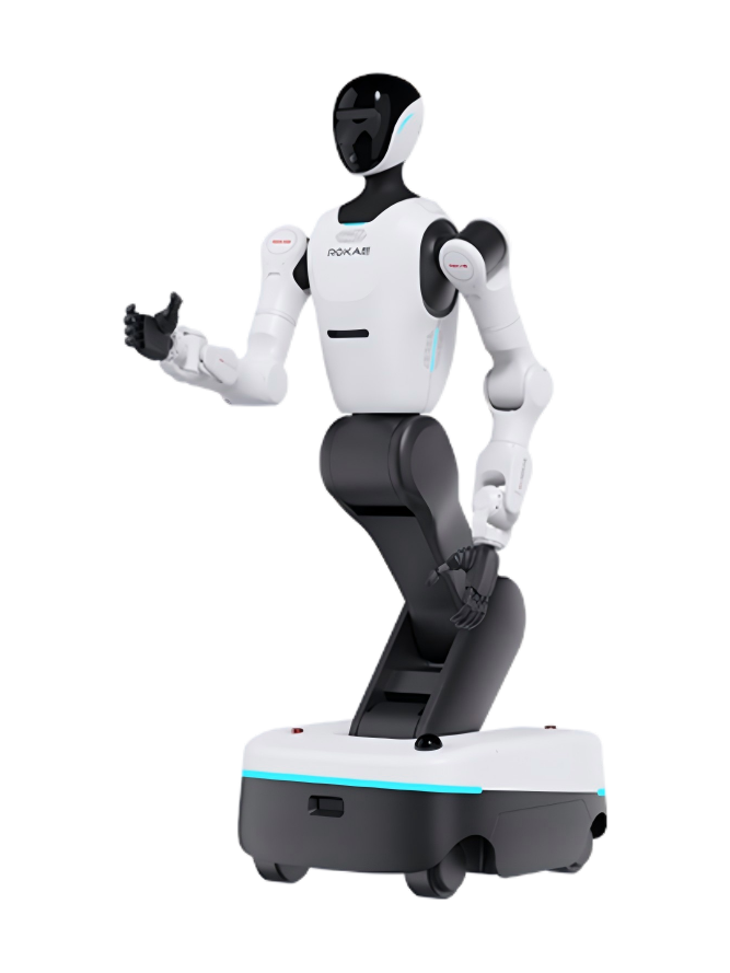 Rokae Helios H2, white and black humanoid upper body on a knee-like torso and a wheeled base, manufacturer rendering