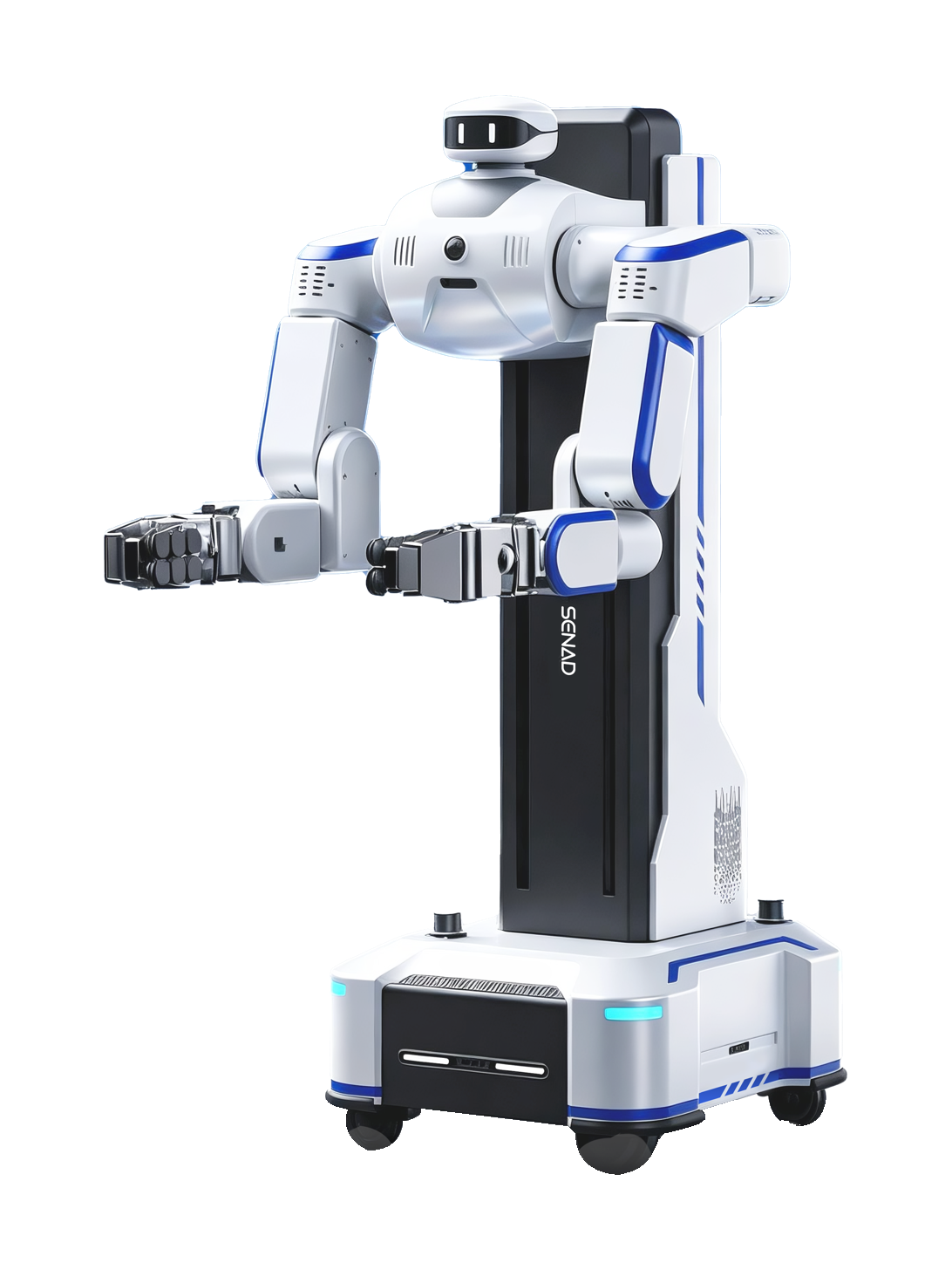 Senad iLoabot-X, white wheeled robot with a head, two arms with grippers and a black lift column on a low base with four wheels, seen from the front at an angle