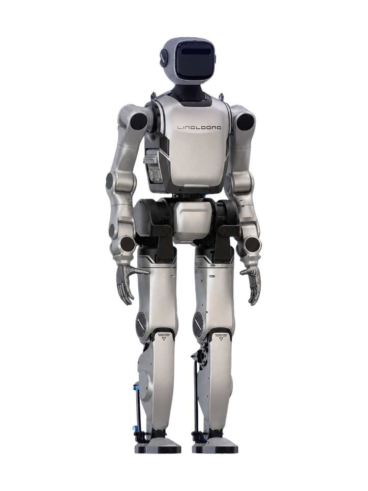 Linglong L1, silver and black bipedal humanoid with a black screen face, standing, seen from the front, manufacturer image